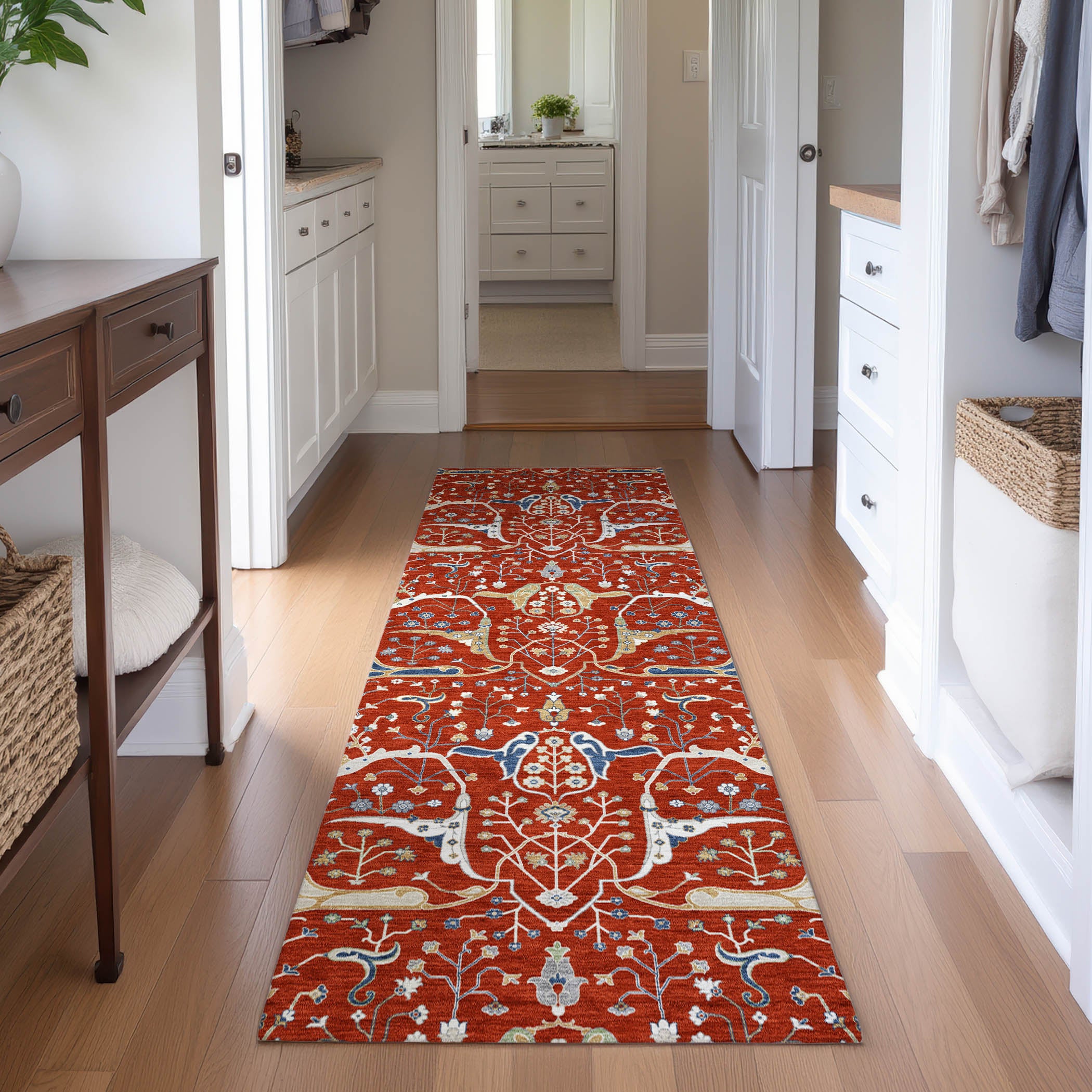 Porto Machine Washable Traditional Red Rug 2'3" x 7'6" #shape_Runner