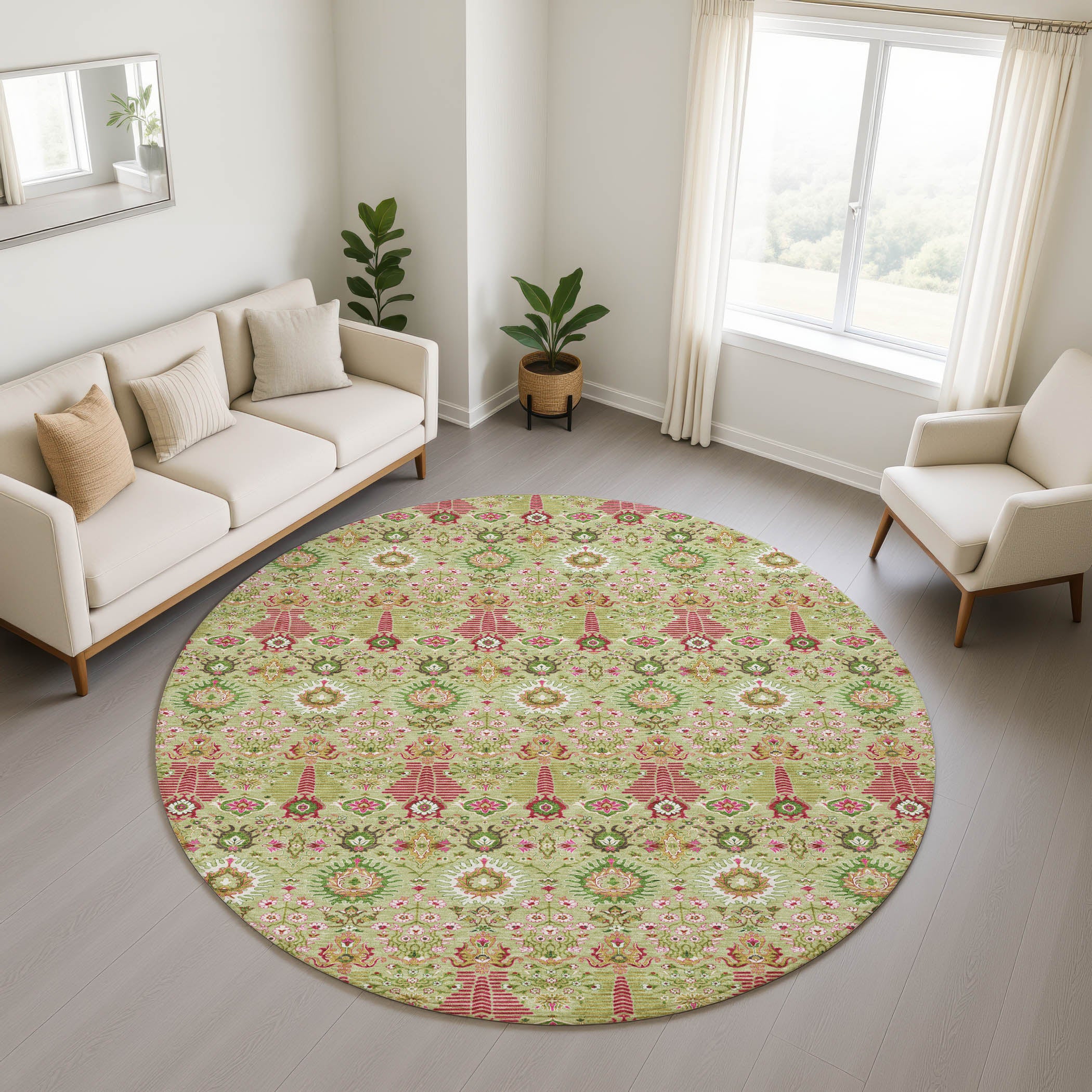 Sintra Machine Washable Traditional Aloe Green Rug 8' x 8' #shape_Round