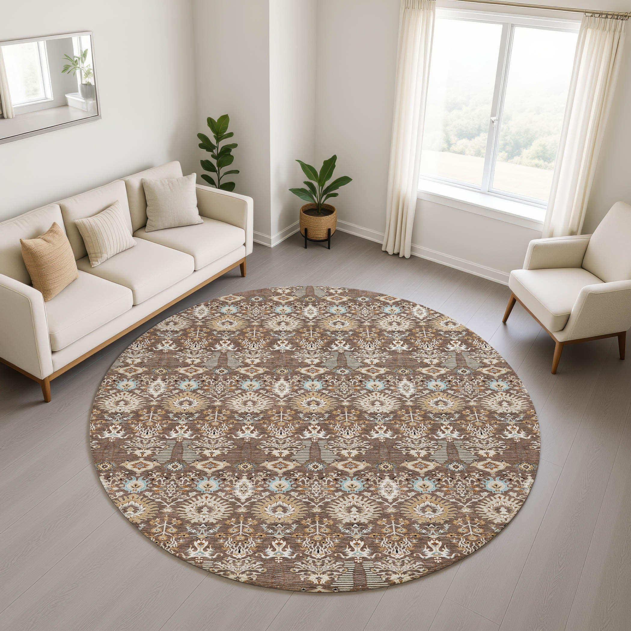 Sintra Machine Washable Traditional Brown Rug 8' x 8' #shape_Round