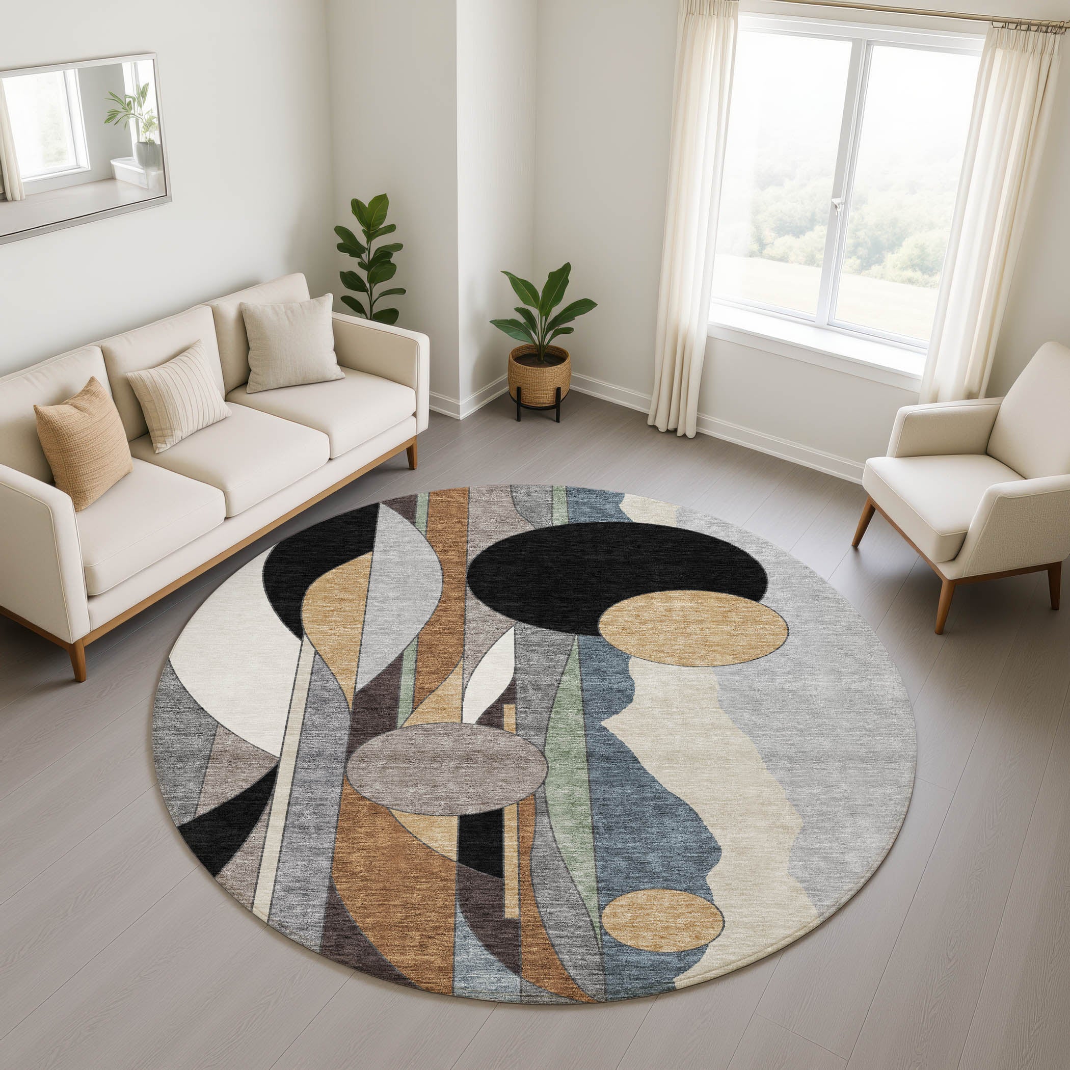 Vienna Machine Washable Transitional Gray Rug 8' x 8' #shape_Round