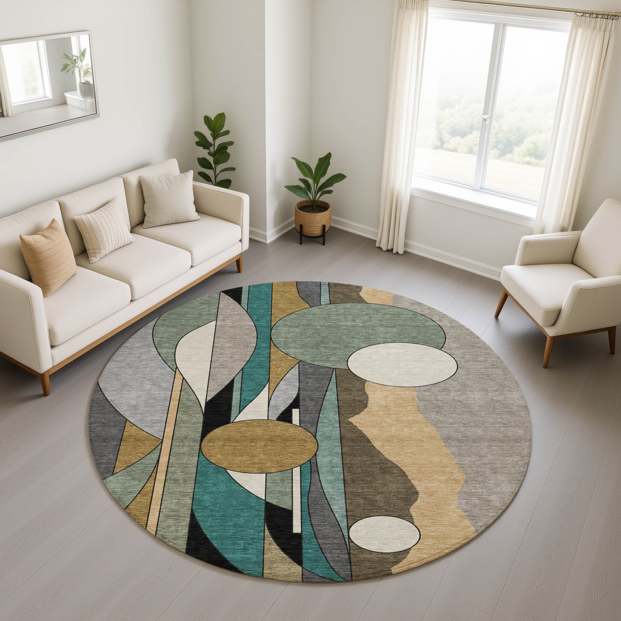 Vienna Machine Washable Transitional Taupe Brown Rug 8' x 8' #shape_Round