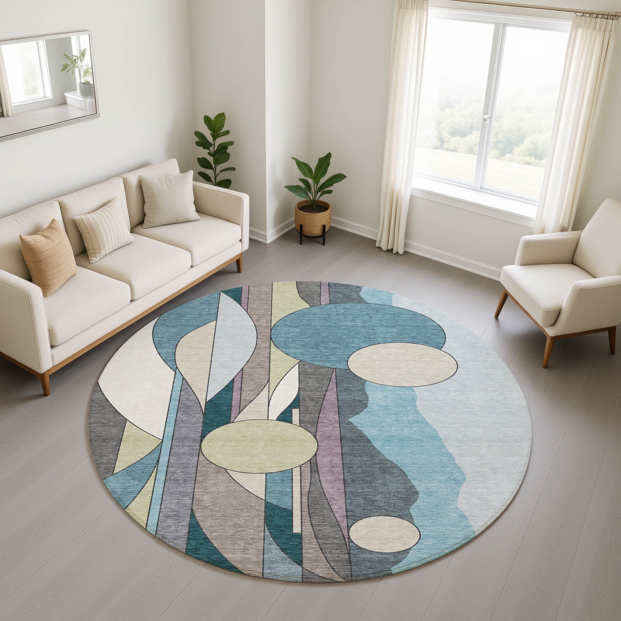 Vienna Machine Washable Transitional Teal Rug 8' x 8' #shape_Round