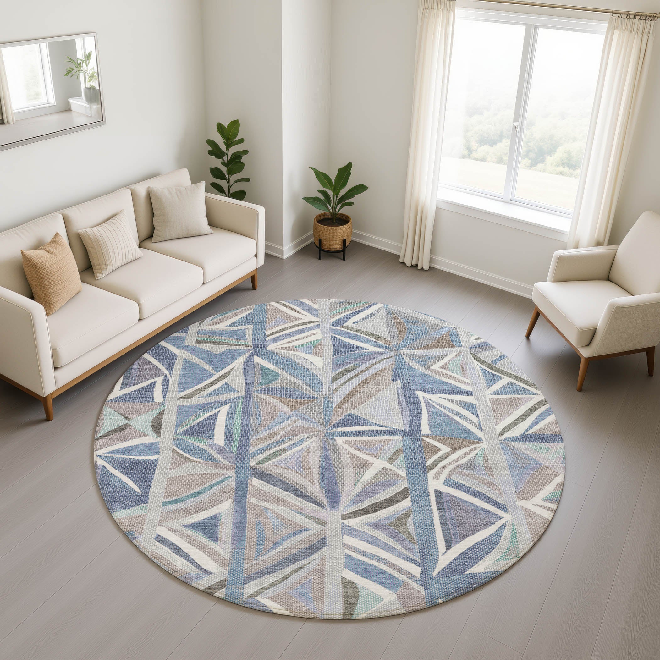 Split Machine Washable Transitional Denim Blue Rug 8' x 8' #shape_Round