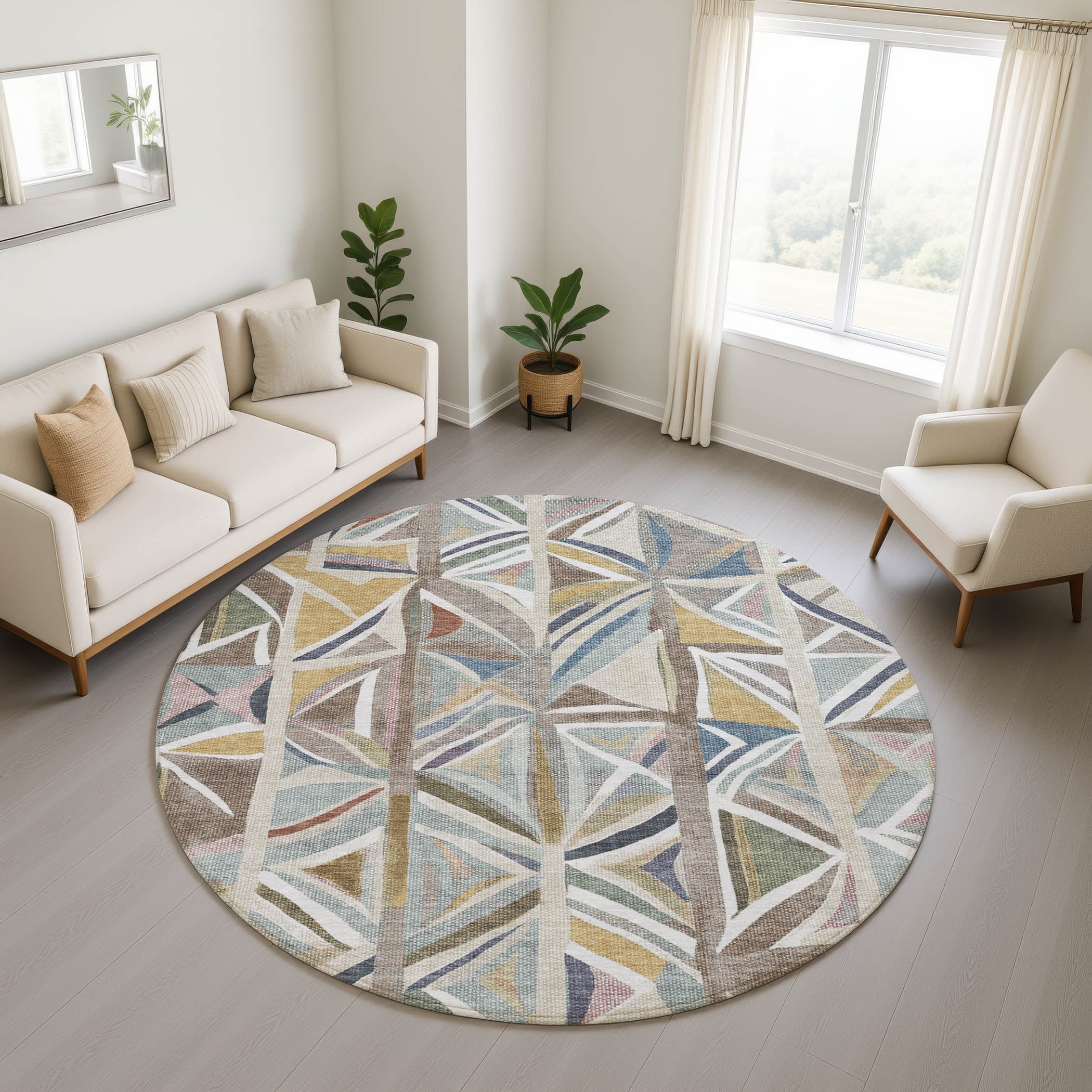 Split Machine Washable Transitional Taupe Brown Rug 8' x 8' #shape_Round