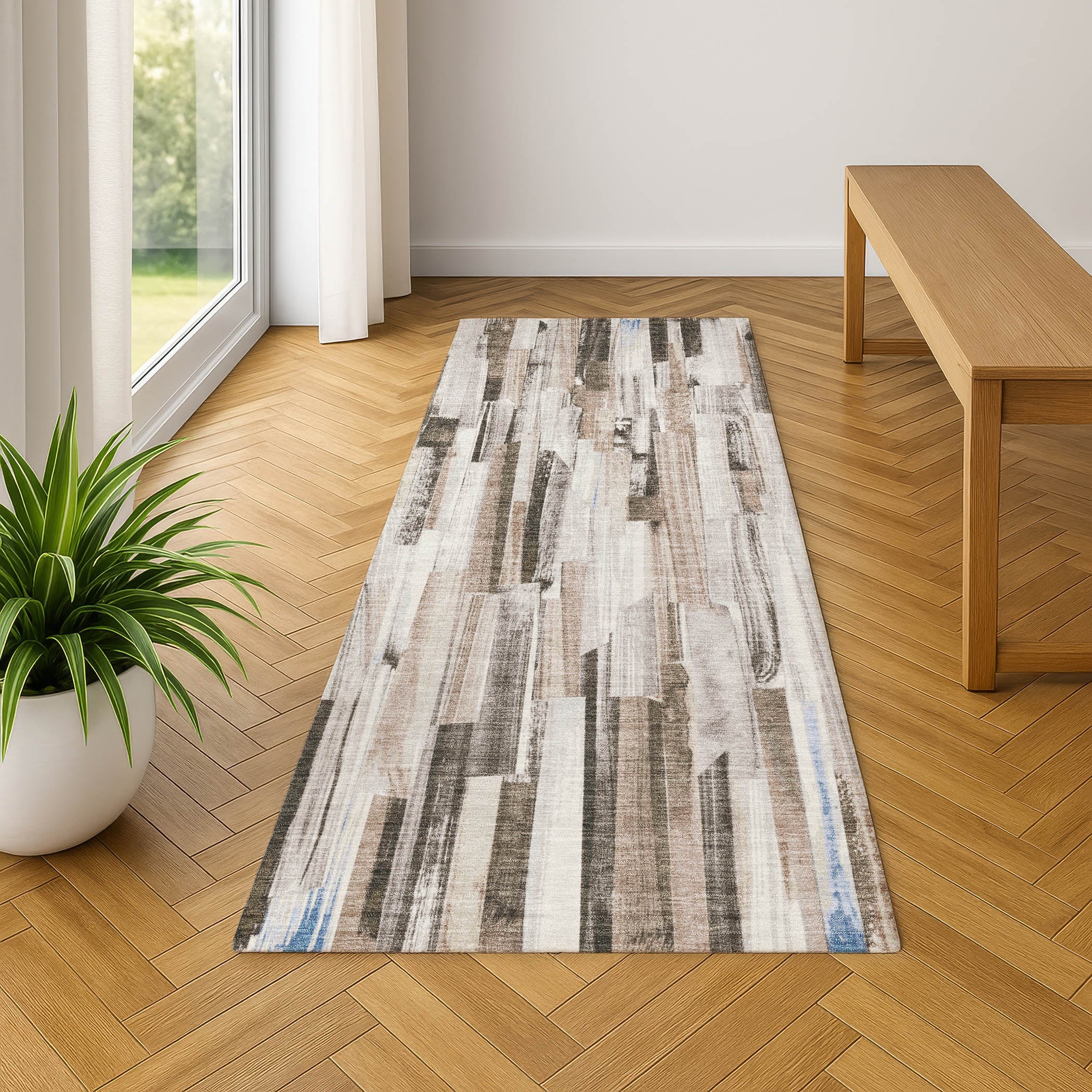 Seoul Machine Washable Transitional Khaki Brown Rug 2'3" x 7'6" #shape_Runner