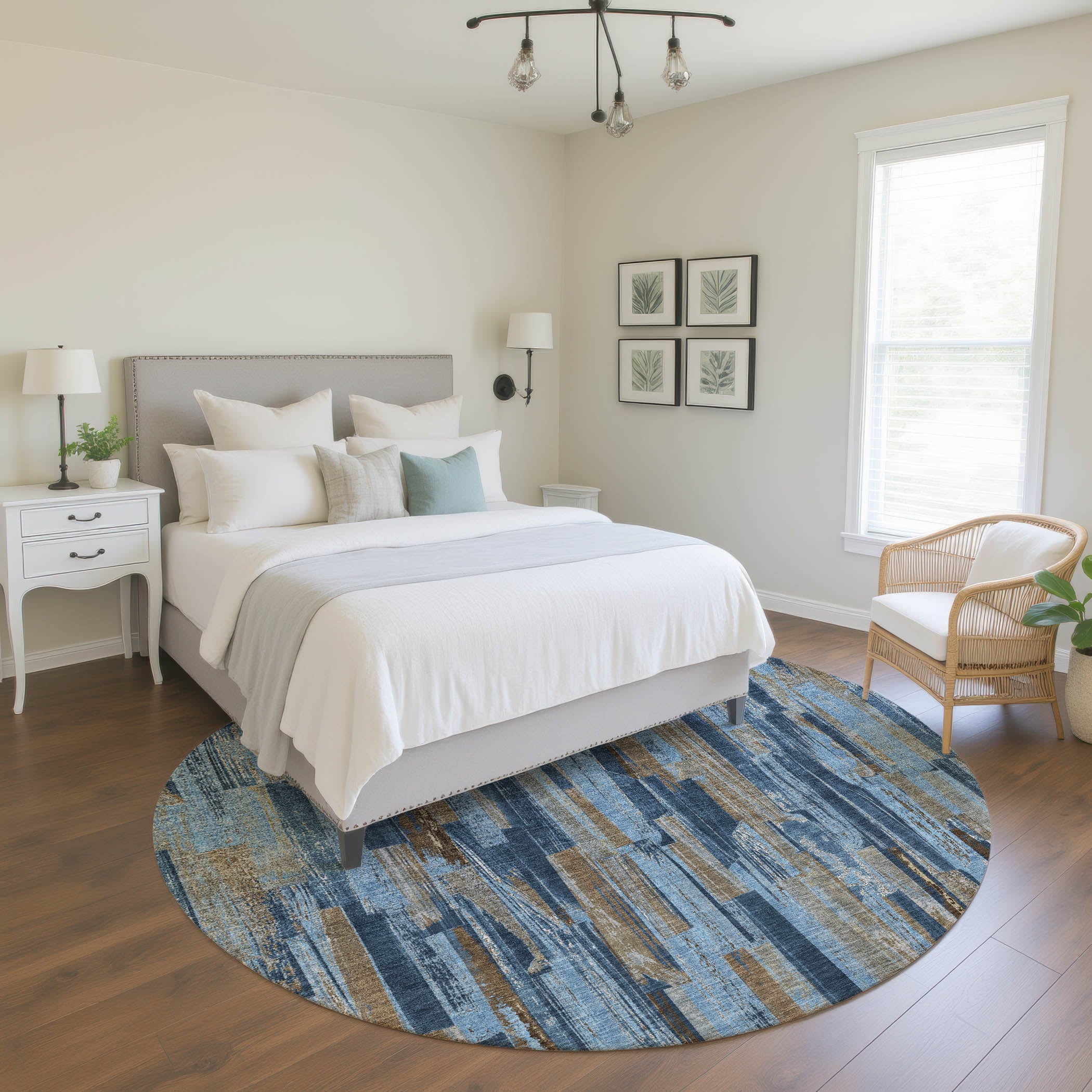Seoul Machine Washable Transitional Navy Blue Rug 8' x 8' #shape_Round