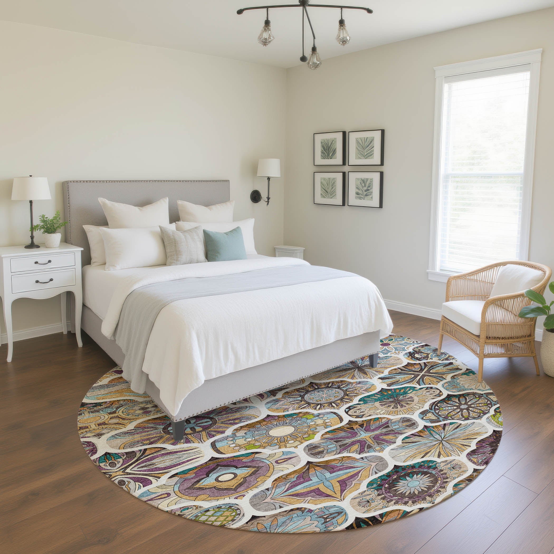 Montevideo Machine Washable Transitional Beige Brown Rug 8' x 8' #shape_Round