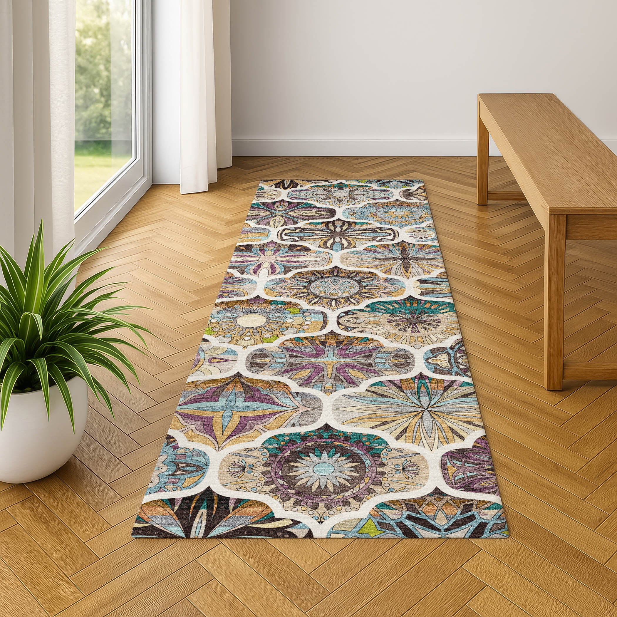 Montevideo Machine Washable Transitional Beige Brown Rug 2'3" x 7'6" #shape_Runner