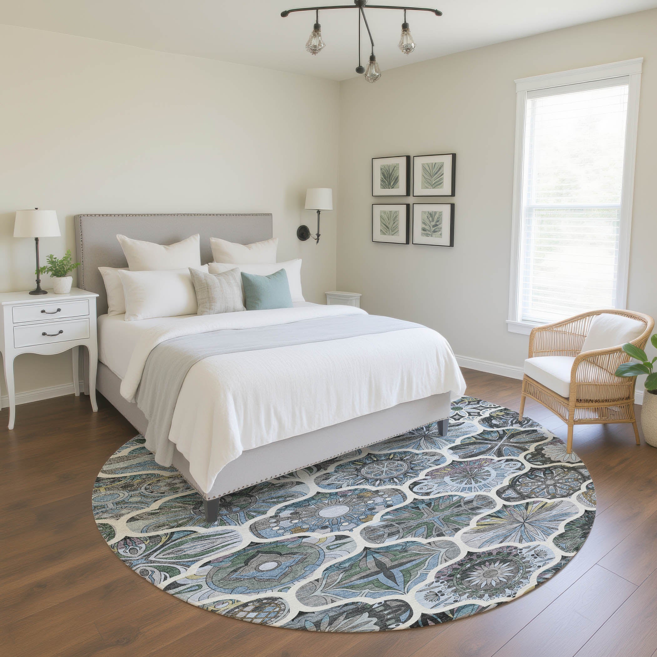 Montevideo Machine Washable Transitional Blue Rug 8' x 8' #shape_Round