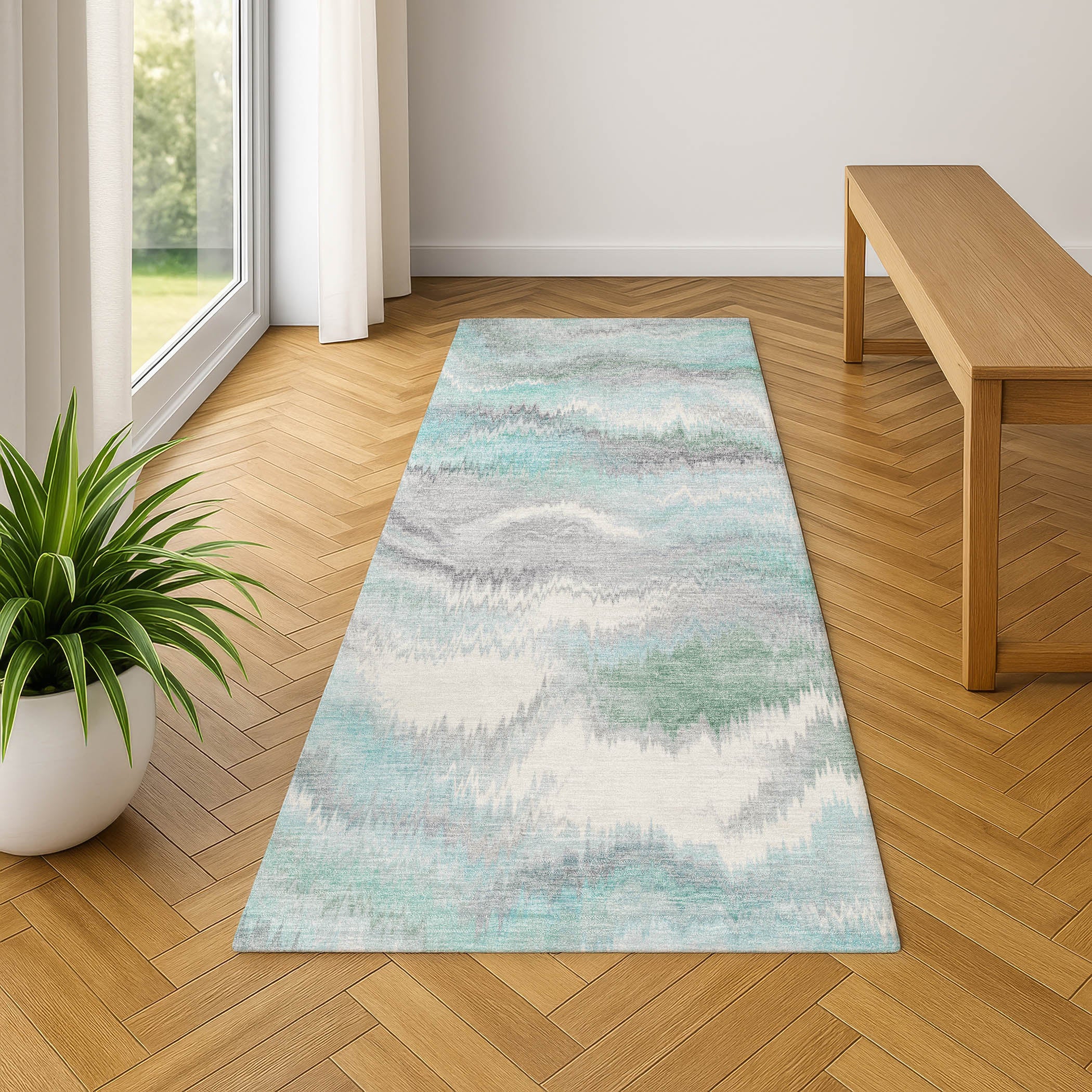 Sintra Machine Washable Transitional Teal Rug 2'3" x 7'6" #shape_Runner