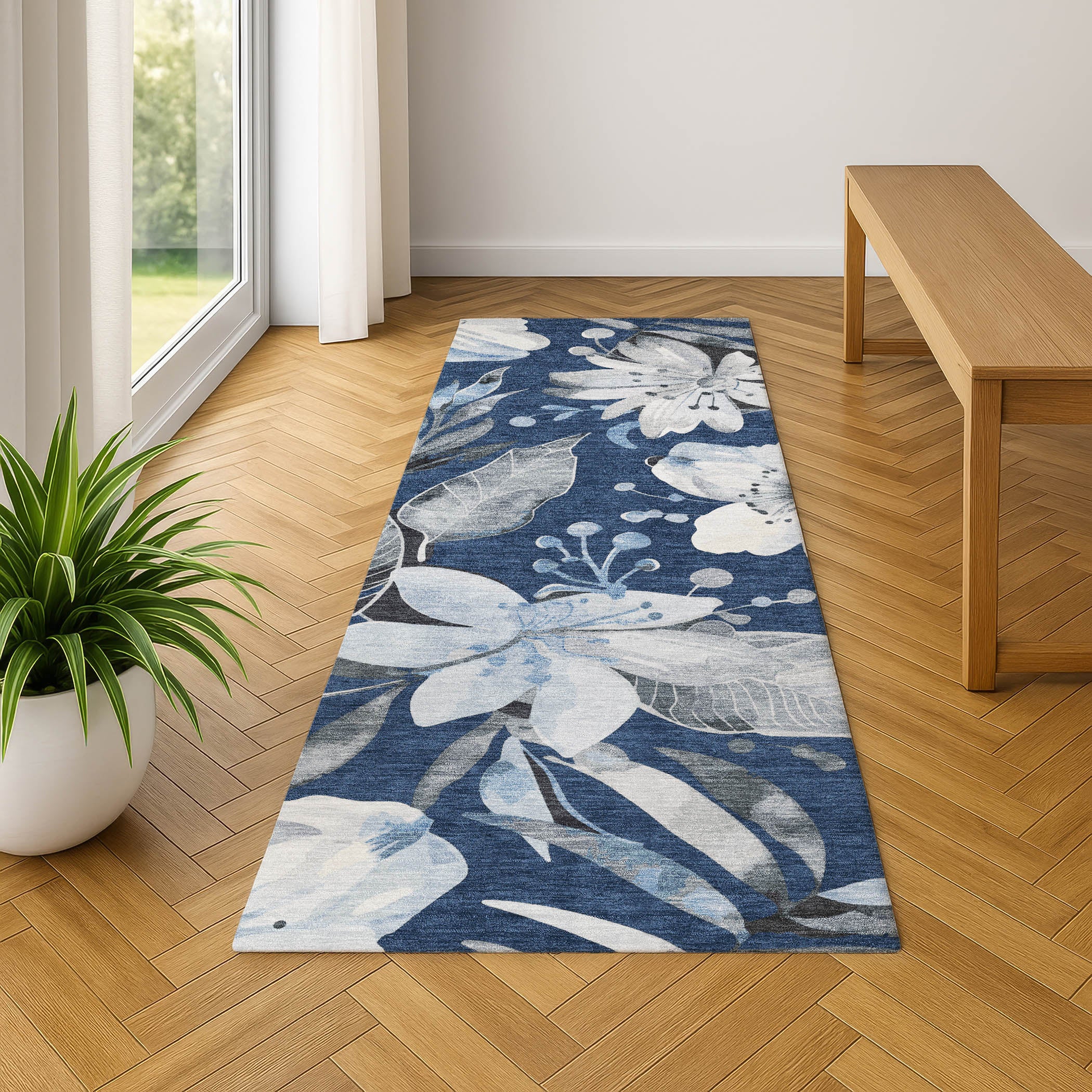 Nairobi Machine Washable Transitional Navy Blue Rug 2'3" x 7'6" #shape_Runner