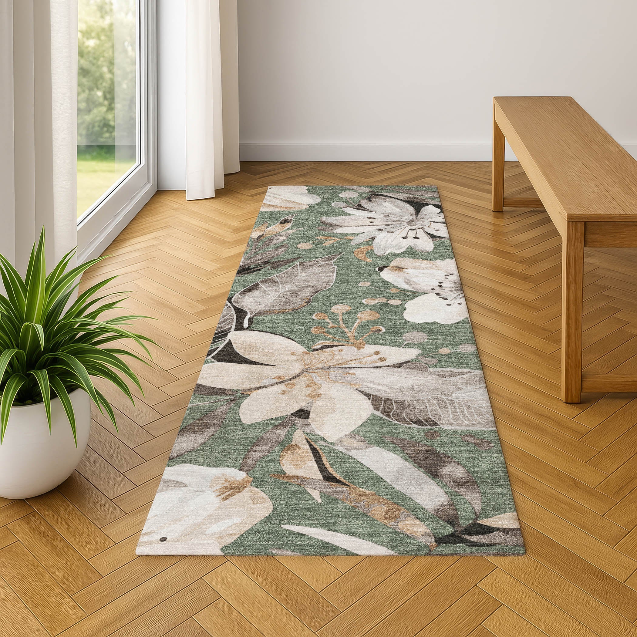 Nairobi Machine Washable Transitional Sage Green Rug 2'3" x 7'6" #shape_Runner