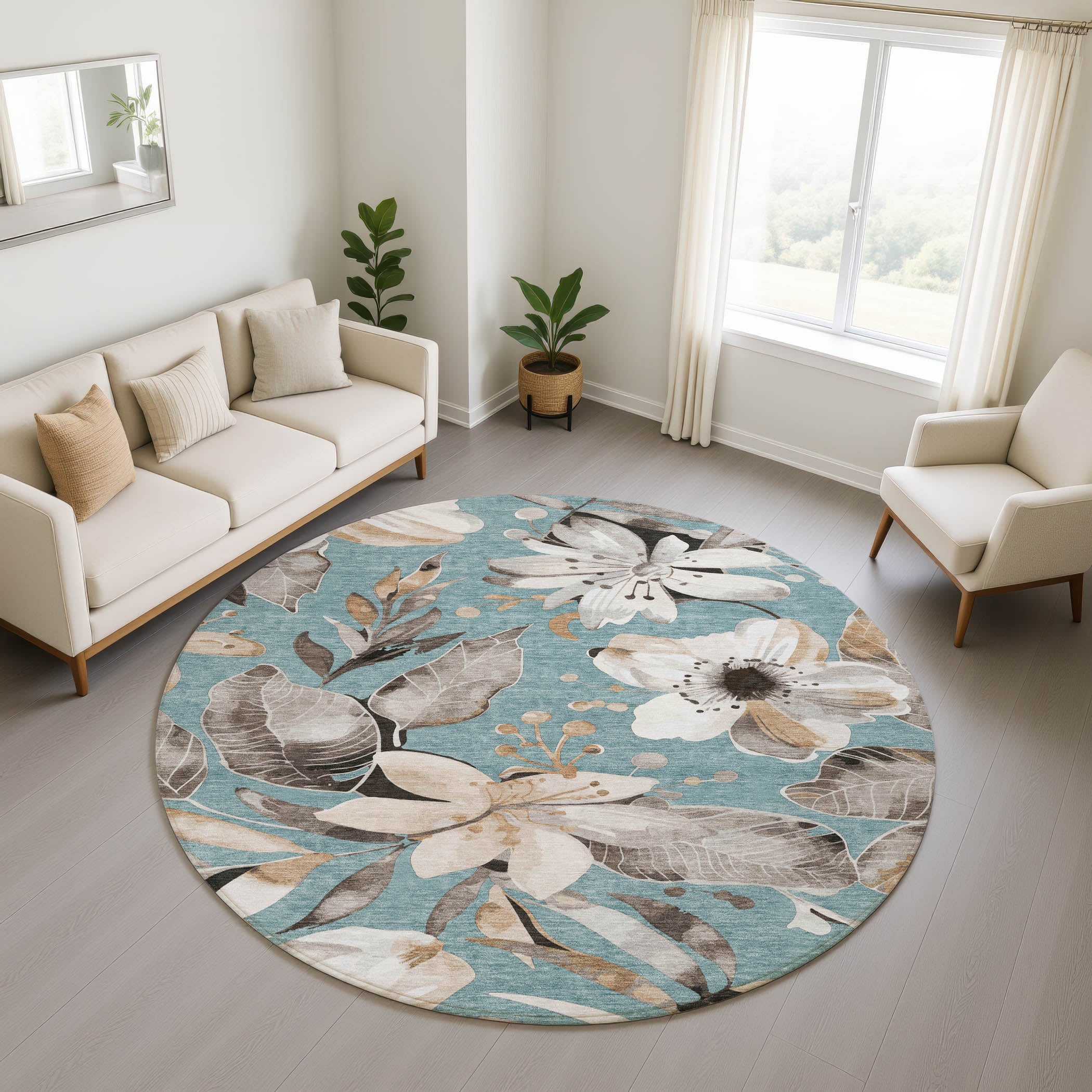 Nairobi Machine Washable Transitional Teal Rug 8' x 8' #shape_Round