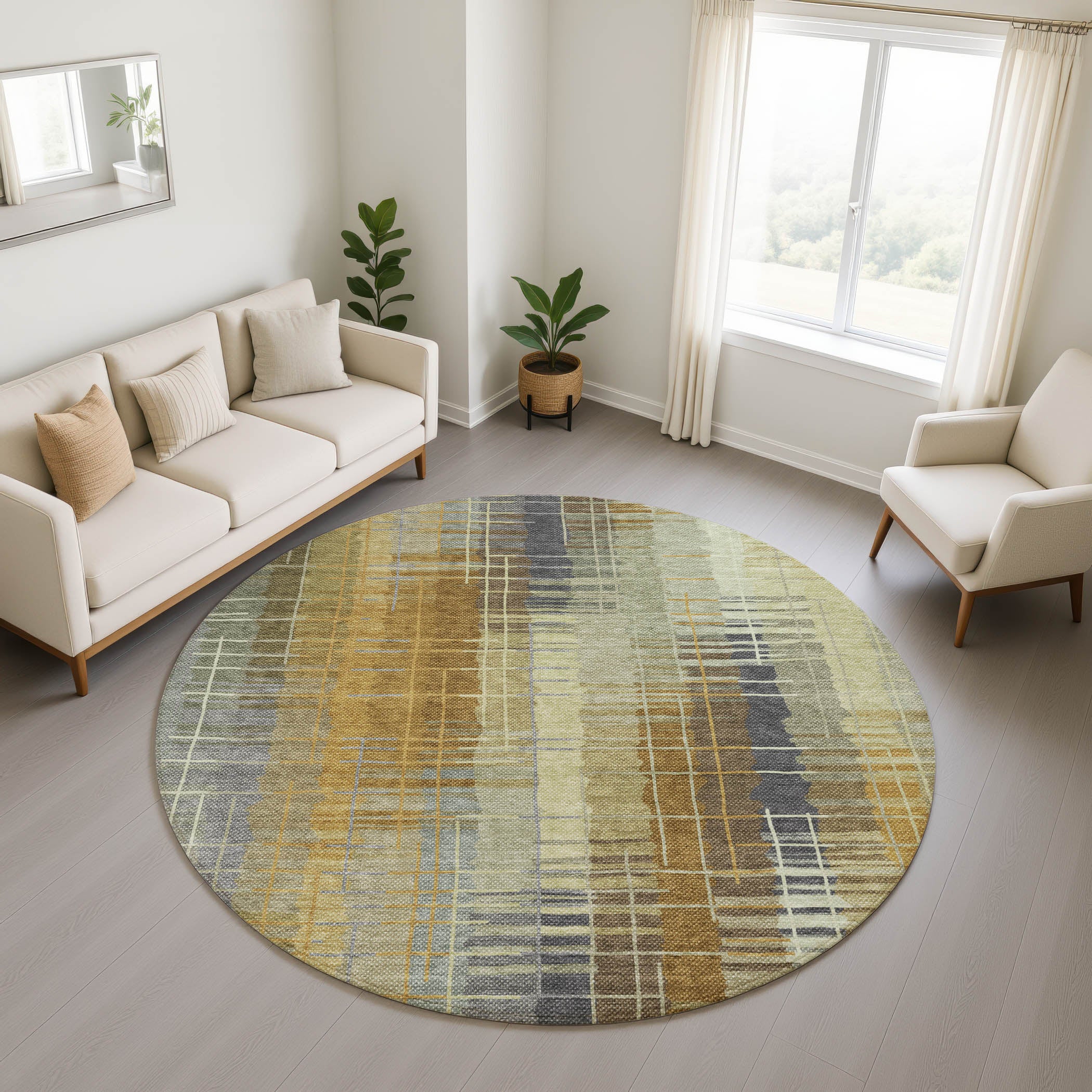 Seoul Machine Washable Transitional Aloe Green Rug 8' x 8' #shape_Round