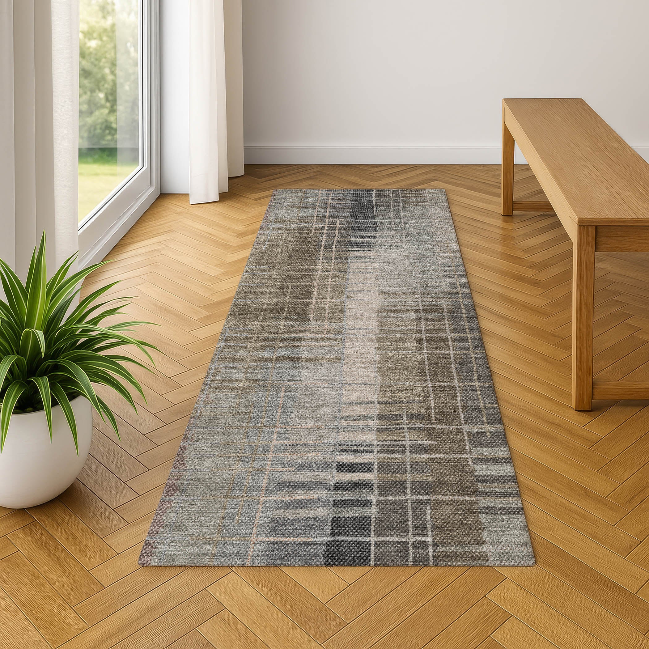 Seoul Machine Washable Transitional Brown Rug 2'3" x 7'6" #shape_Runner