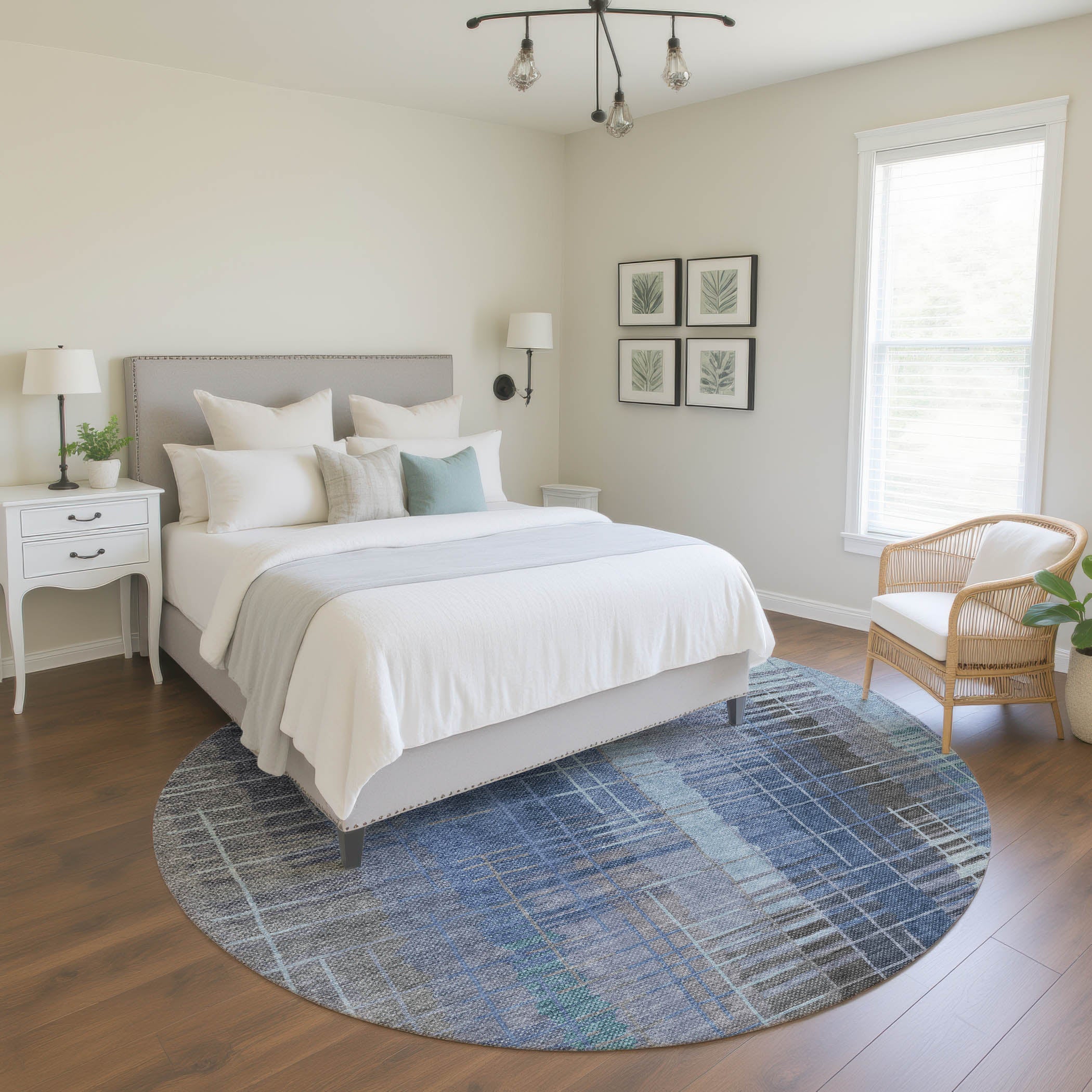 Seoul Machine Washable Transitional Denim Blue Rug 8' x 8' #shape_Round