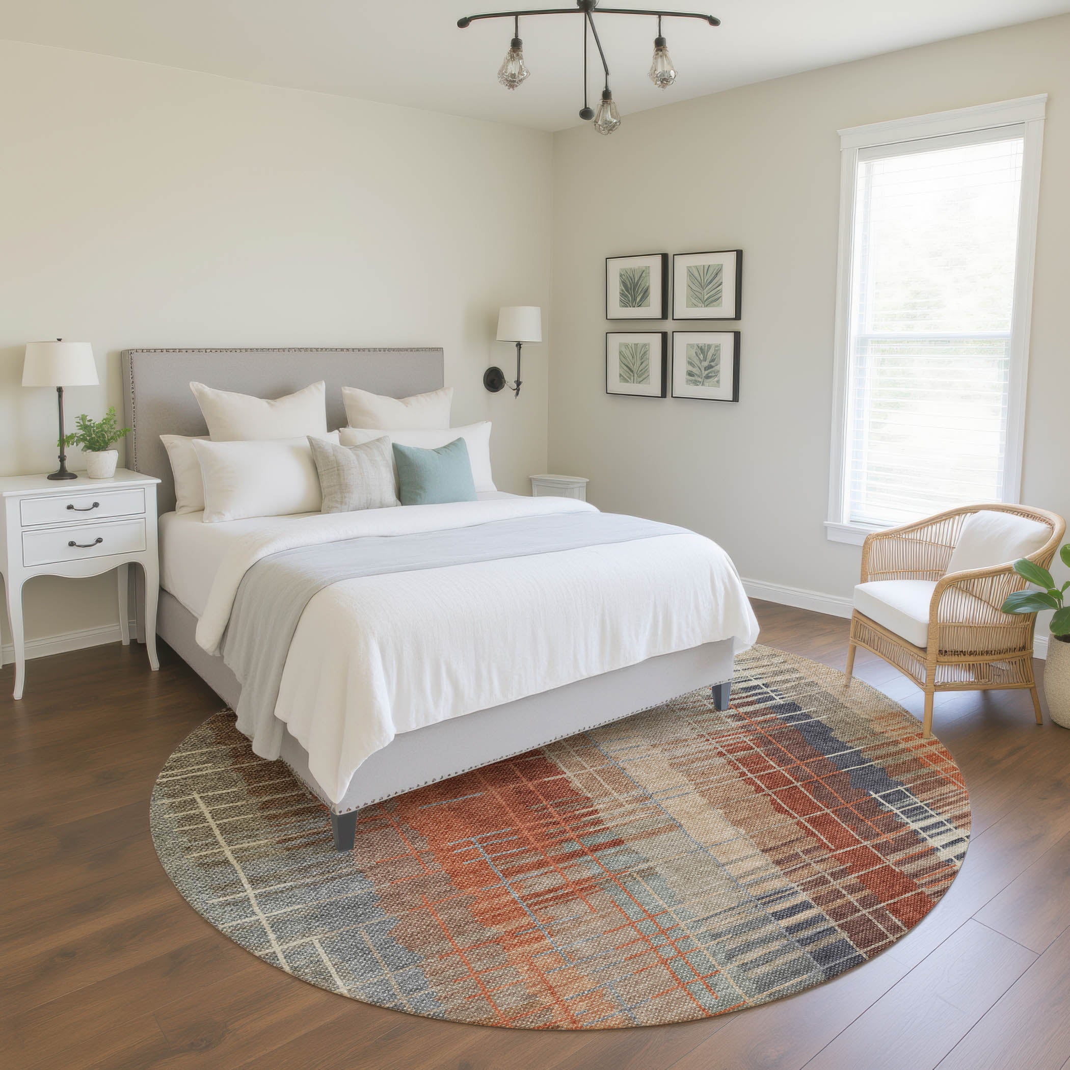 Seoul Machine Washable Transitional Khaki Brown Rug 8' x 8' #shape_Round