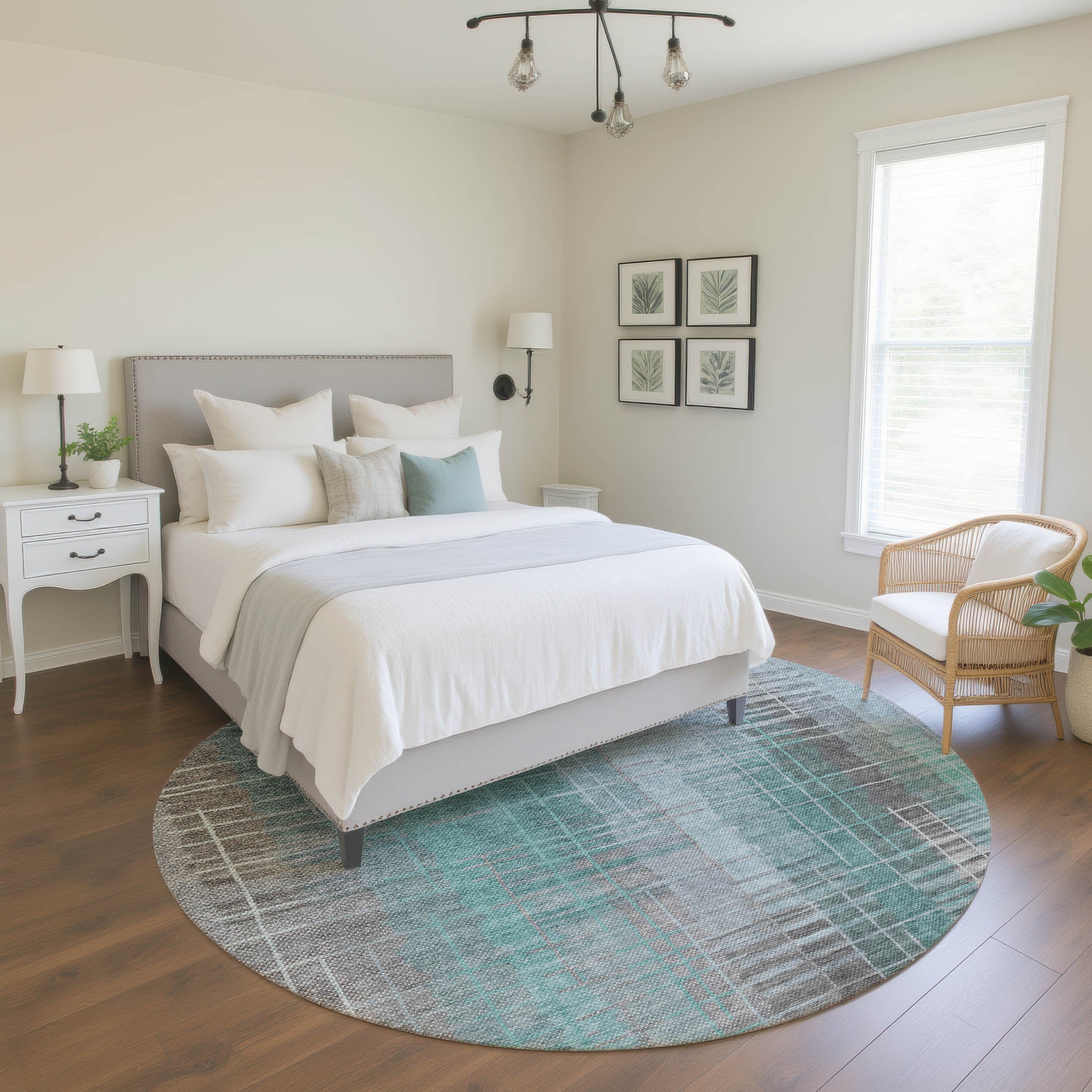 Seoul Machine Washable Transitional Seafoam Blue Rug 8' x 8' #shape_Round