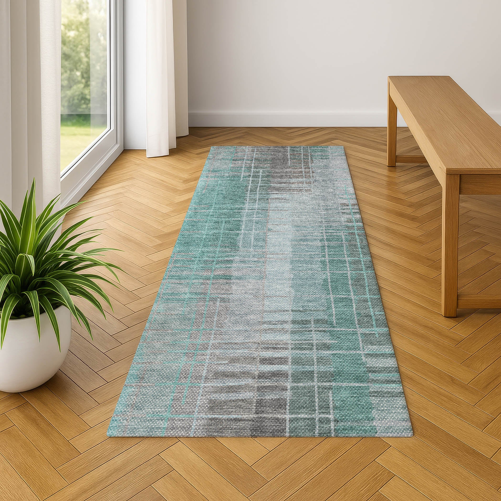 Seoul Machine Washable Transitional Seafoam Blue Rug 2'3" x 7'6" #shape_Runner
