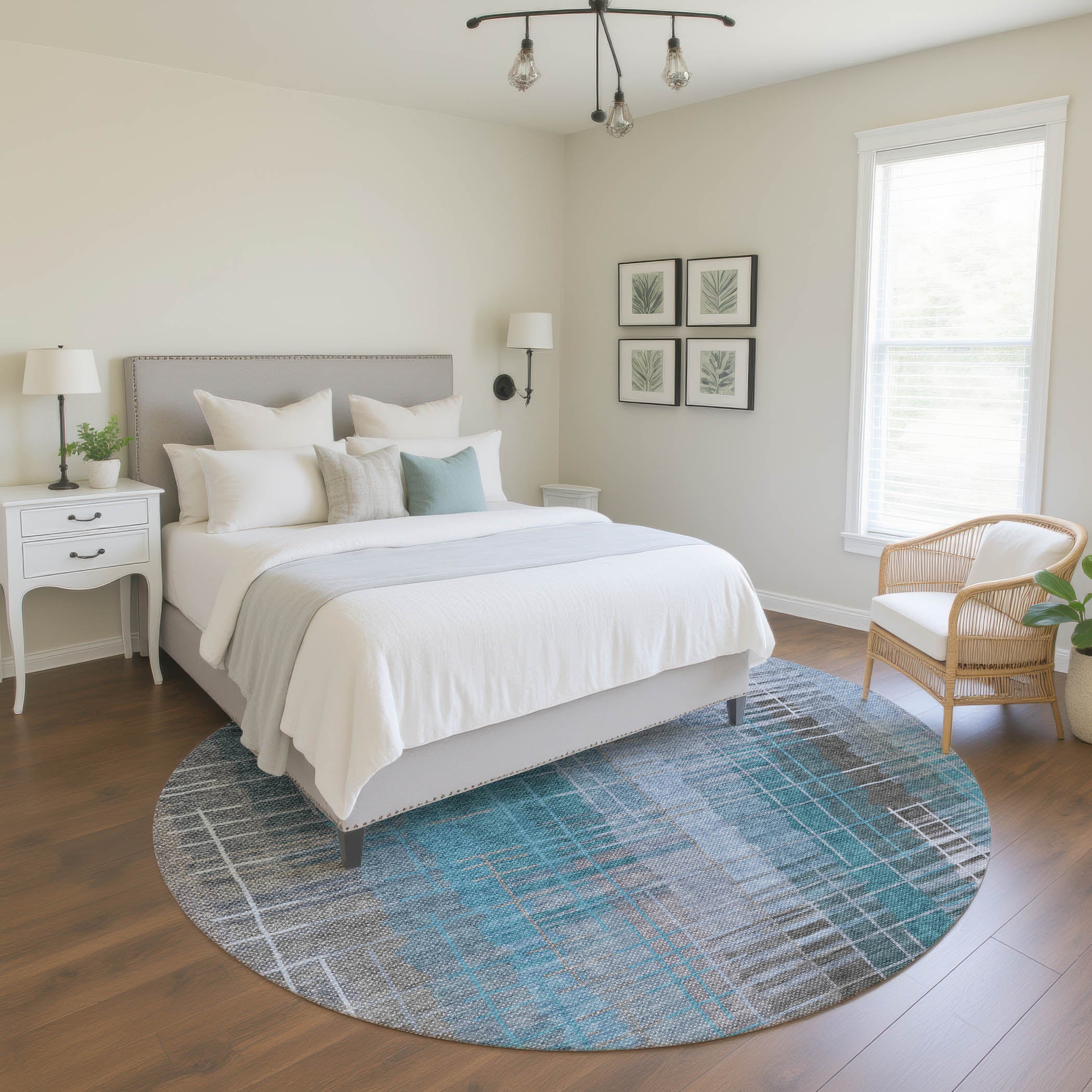 Seoul Machine Washable Transitional Teal Rug 8' x 8' #shape_Round