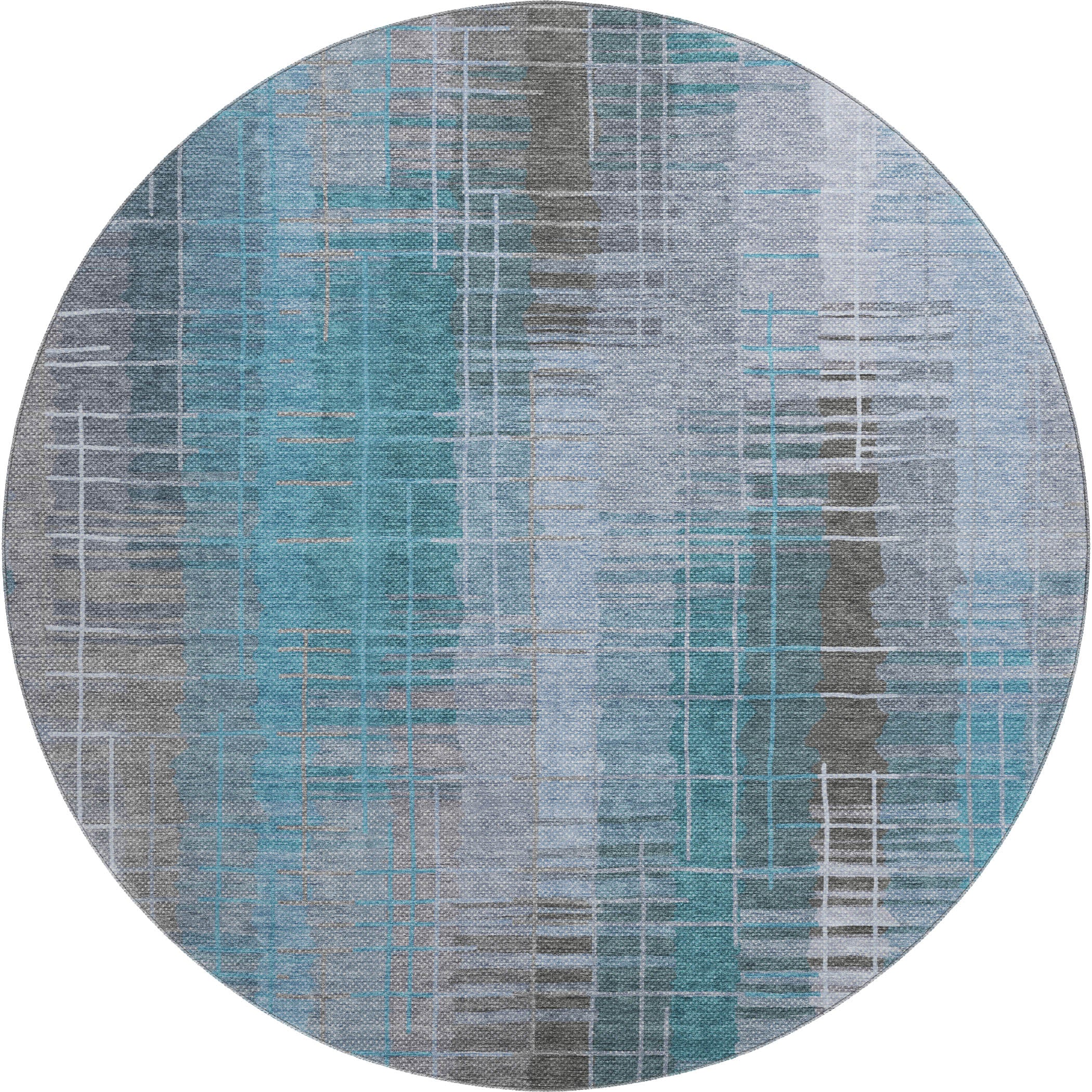 Seoul Machine Washable Transitional Teal Rug 8' x 8' #shape_Round