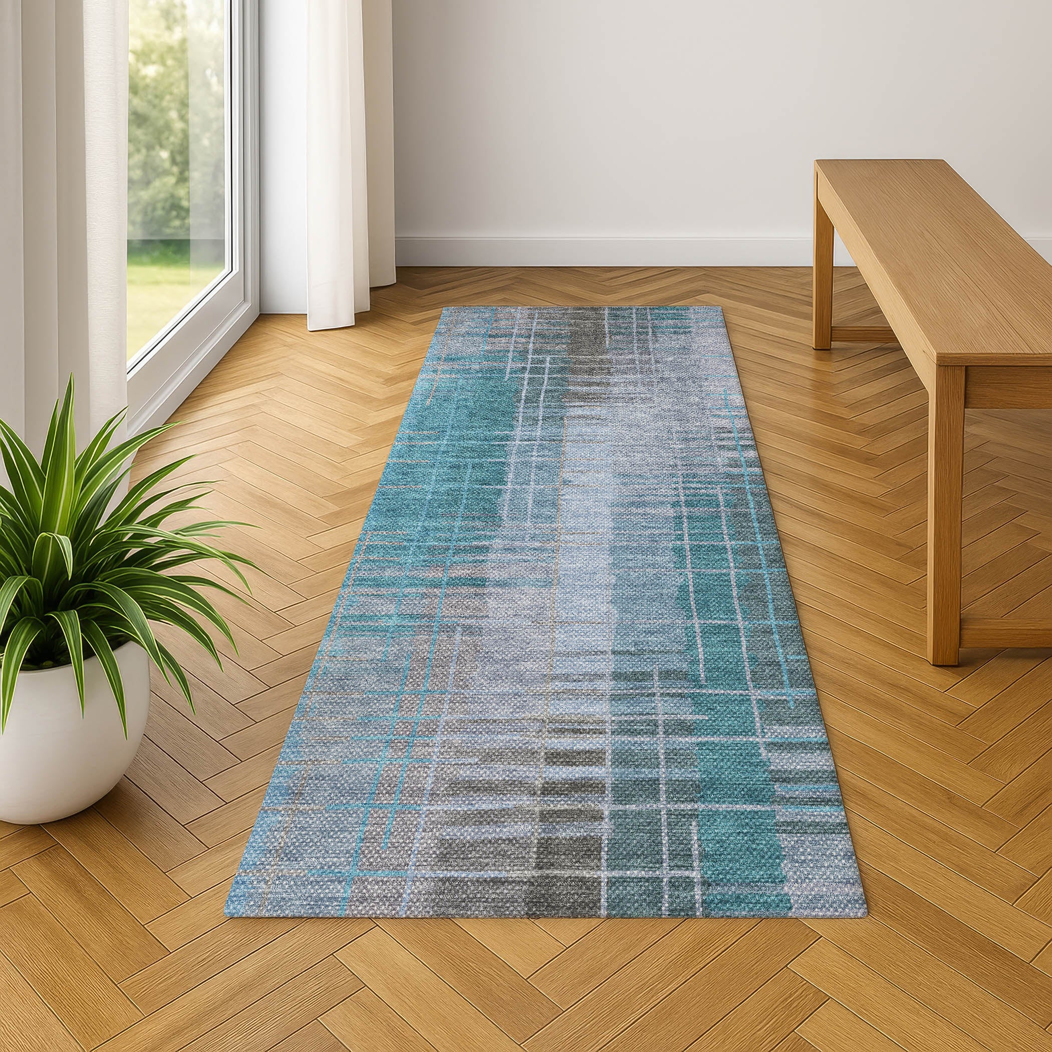 Seoul Machine Washable Transitional Teal Rug 2'3" x 7'6" #shape_Runner