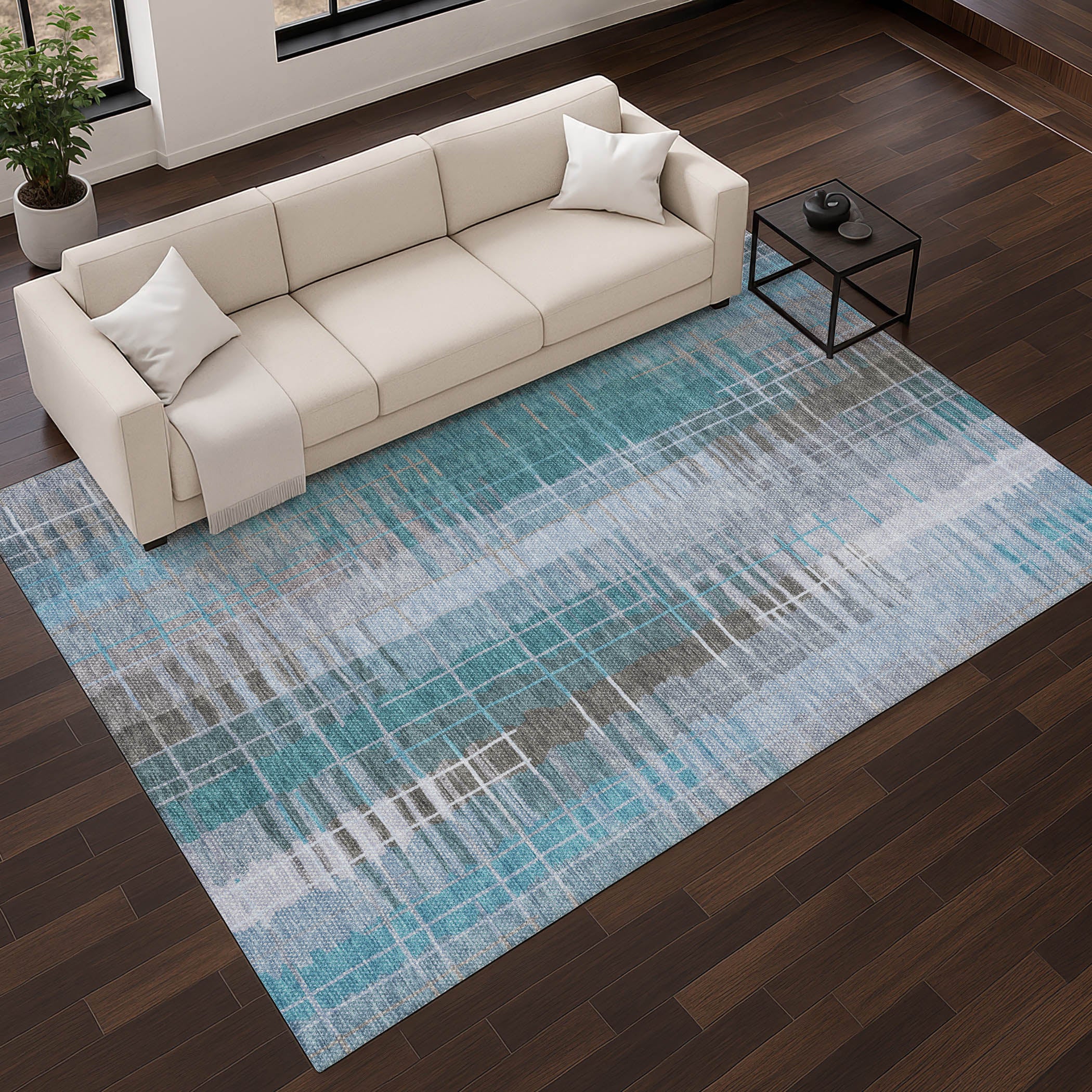 Seoul Machine Washable Transitional Teal Rug 2'6" x 3'10" #shape_Rectangle