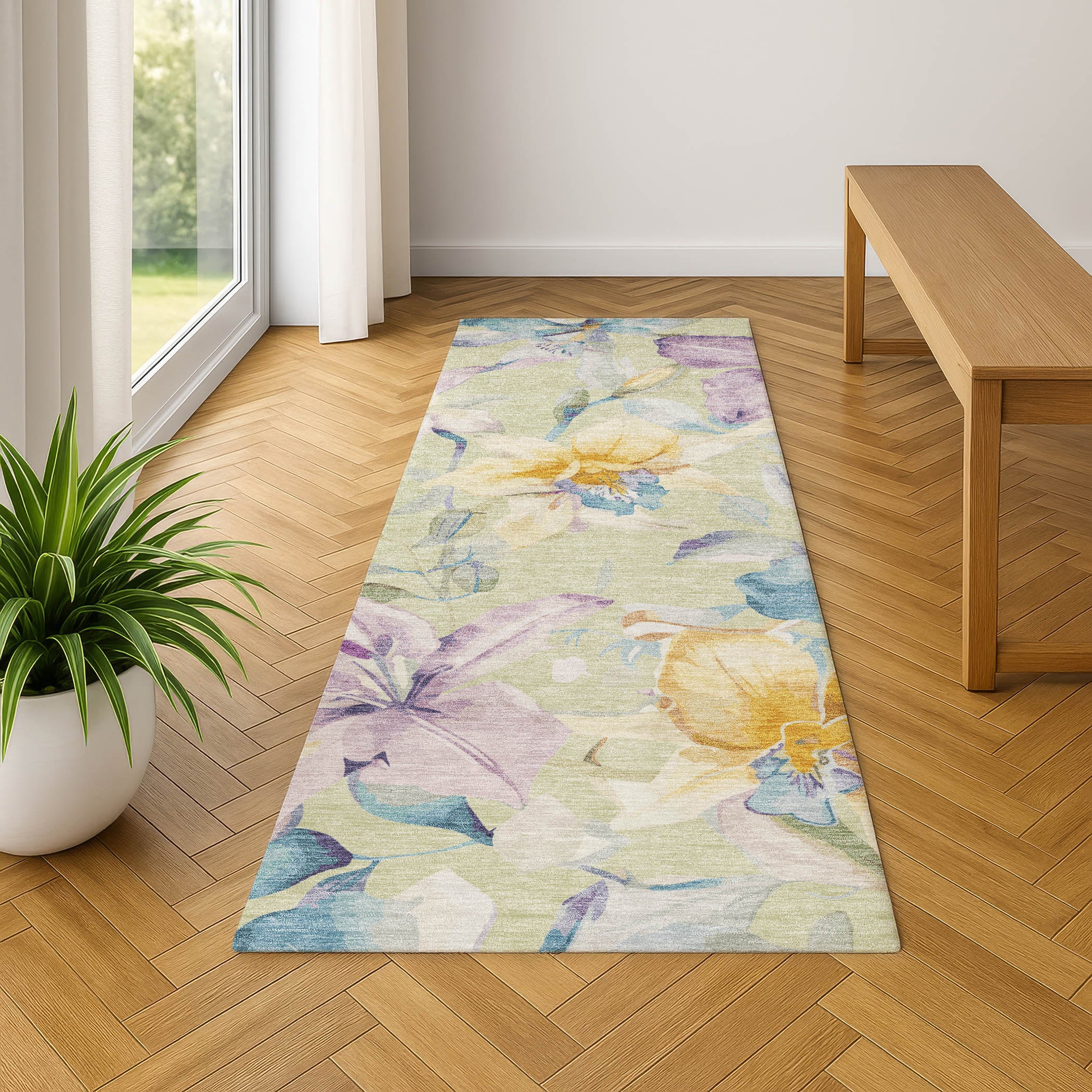 Lima Machine Washable Transitional Aloe Green Rug 2'3" x 7'6" #shape_Runner