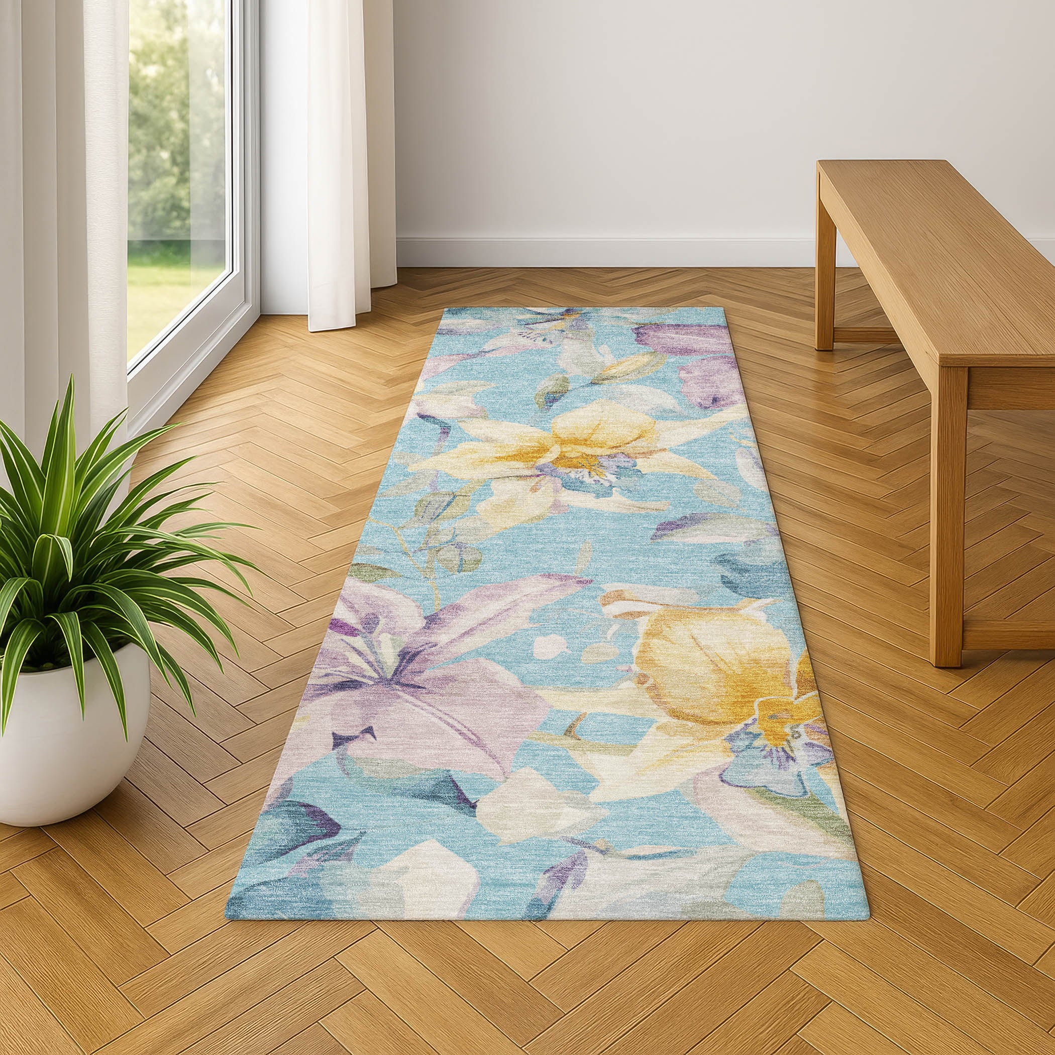 Lima Machine Washable Transitional Aqua Teal Rug 2'3" x 7'6" #shape_Runner