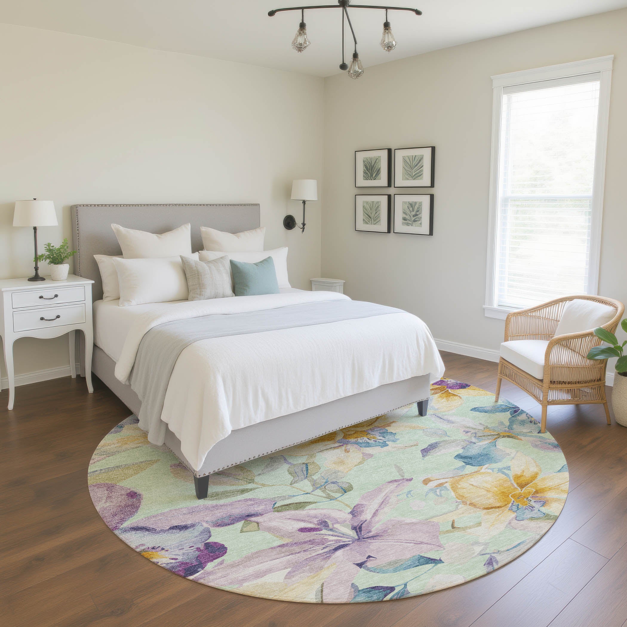 Lima Machine Washable Transitional Mint Green Rug 8' x 8' #shape_Round