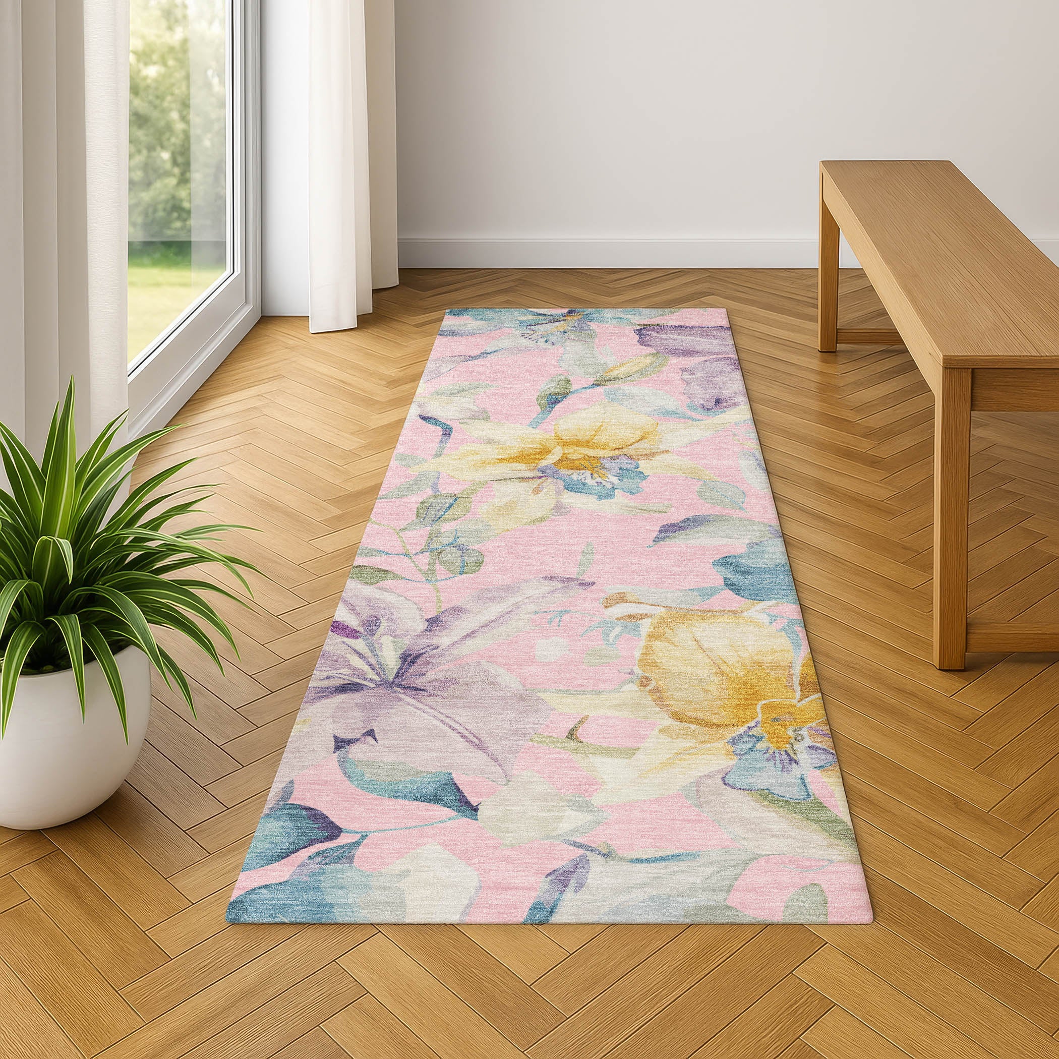 Lima Machine Washable Transitional Pink Rug 2'3" x 7'6" #shape_Runner