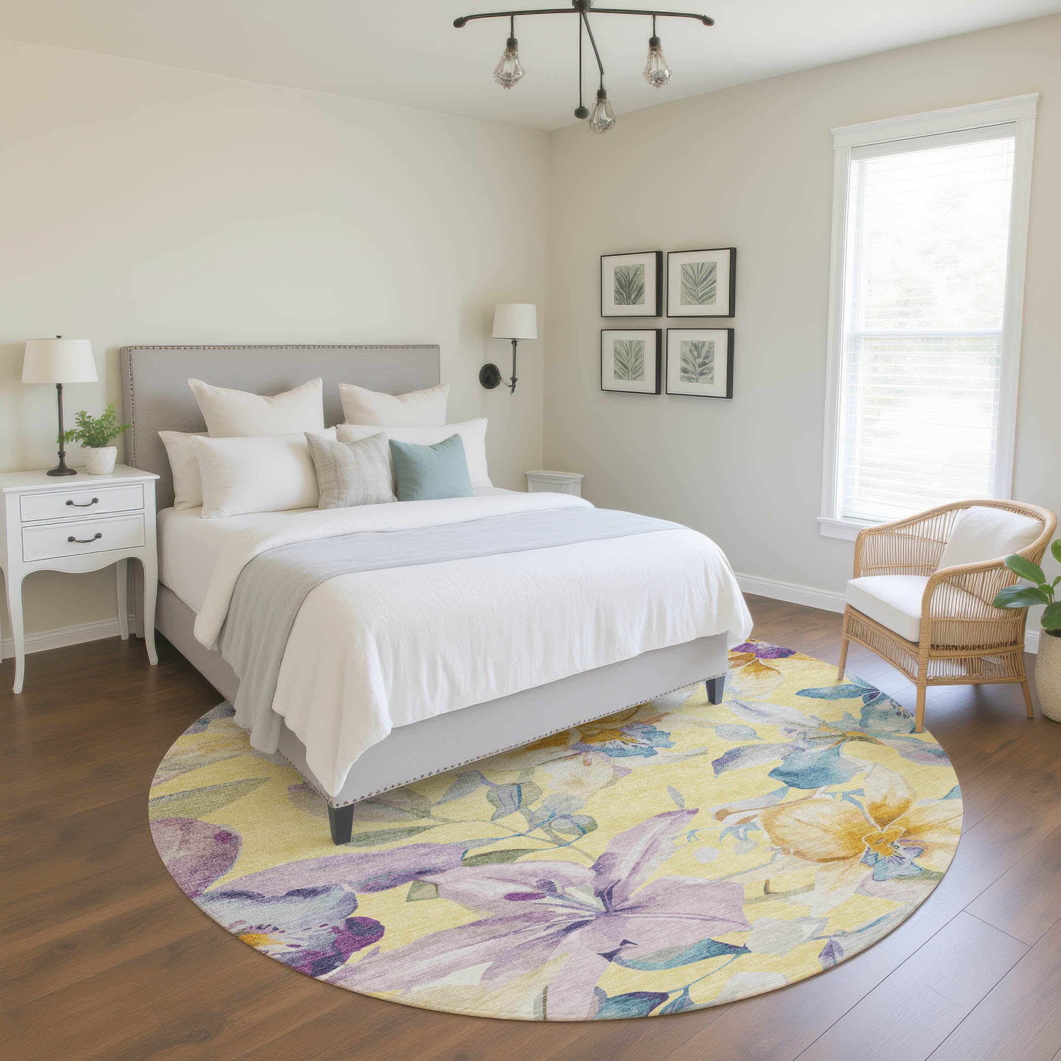 Lima Machine Washable Transitional Yellow Gold Rug 8' x 8' #shape_Round