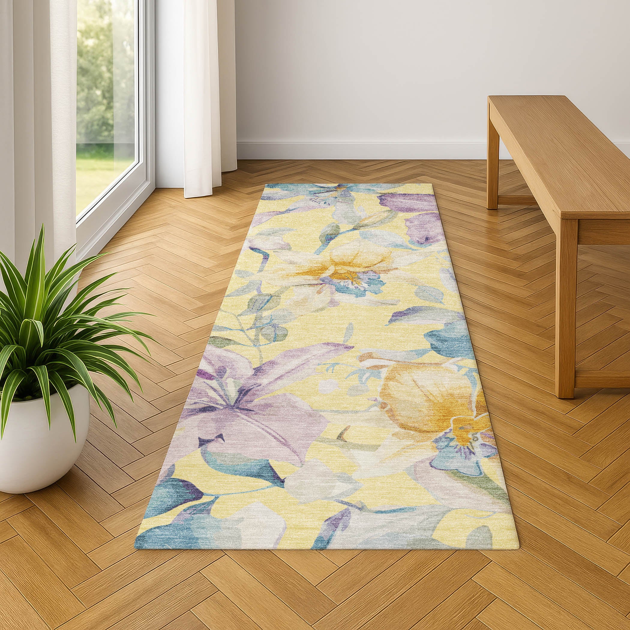 Lima Machine Washable Transitional Yellow Gold Rug 2'3" x 7'6" #shape_Runner