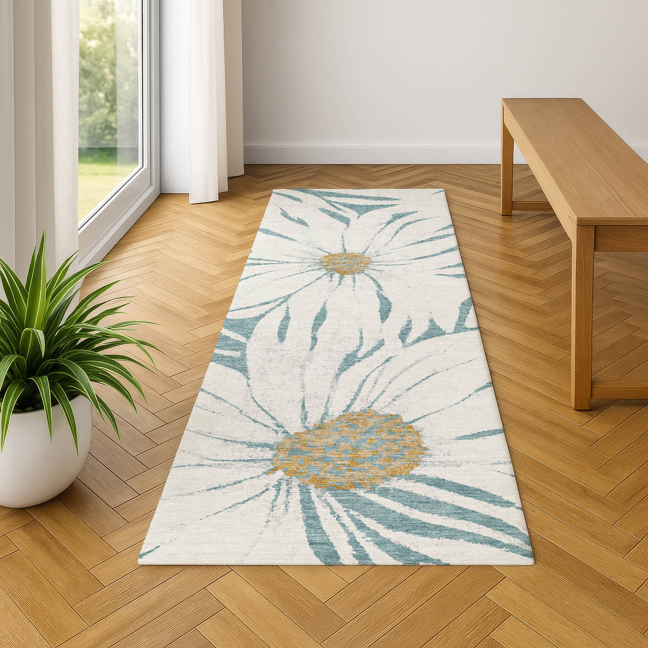 Salzburg Machine Washable Transitional Teal Rug 2'3" x 7'6" #shape_Runner