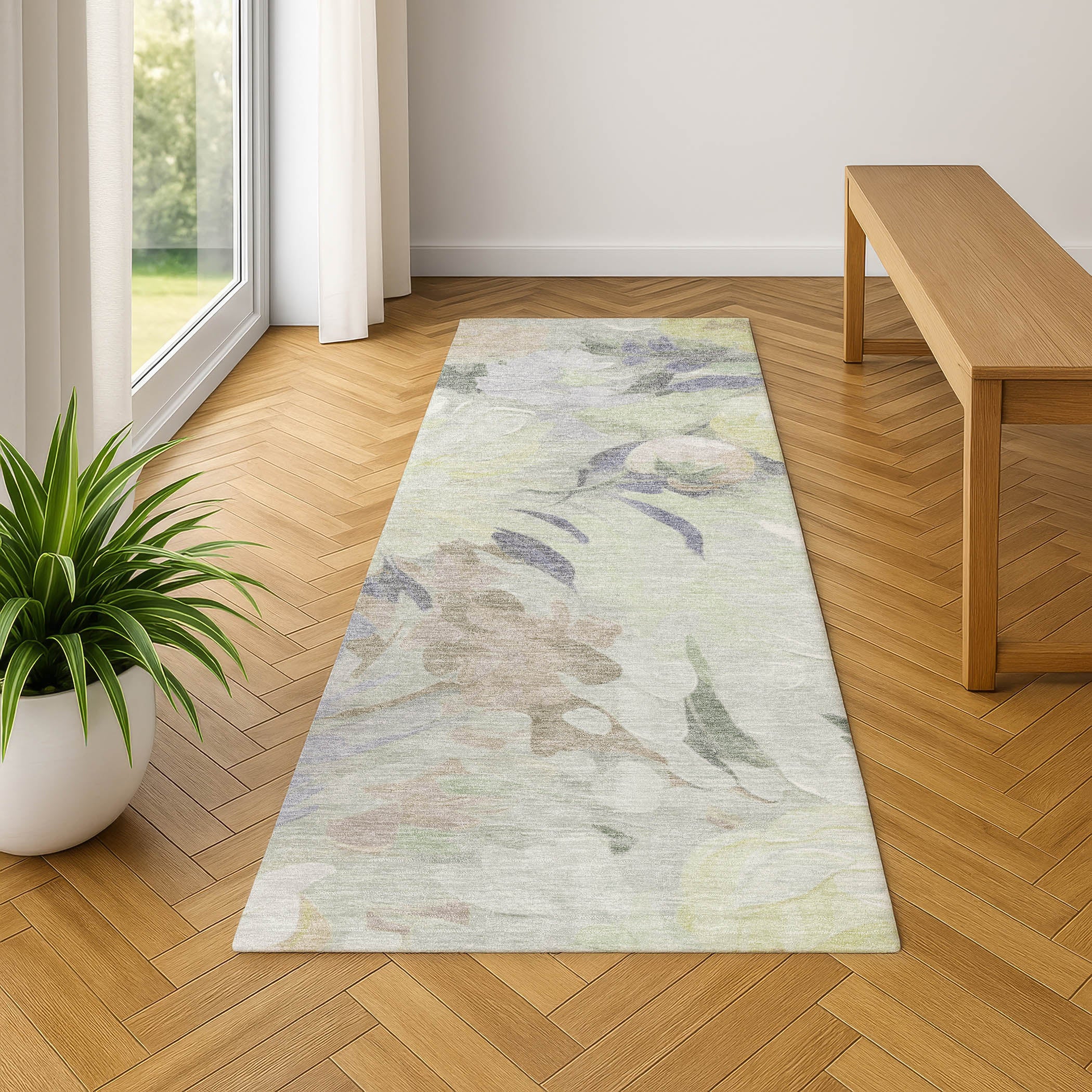 Kotor Machine Washable Transitional Mint Green Rug 2'3" x 7'6" #shape_Runner