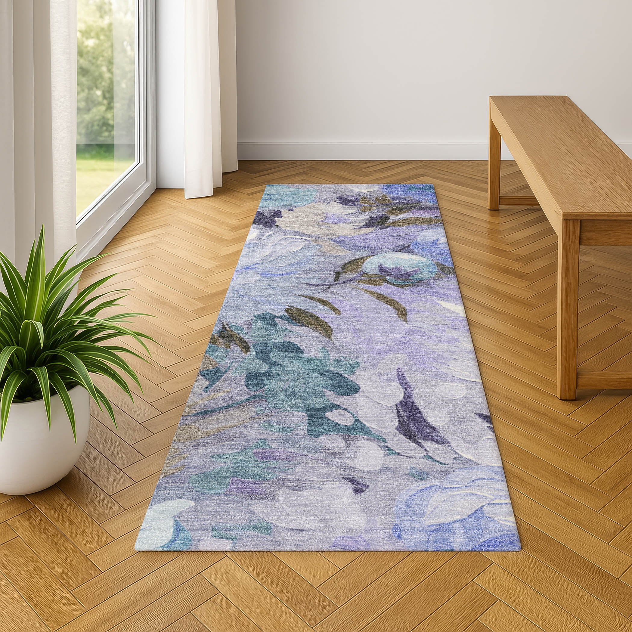 Kotor Machine Washable Transitional Purple Rug 2'3" x 7'6" #shape_Runner