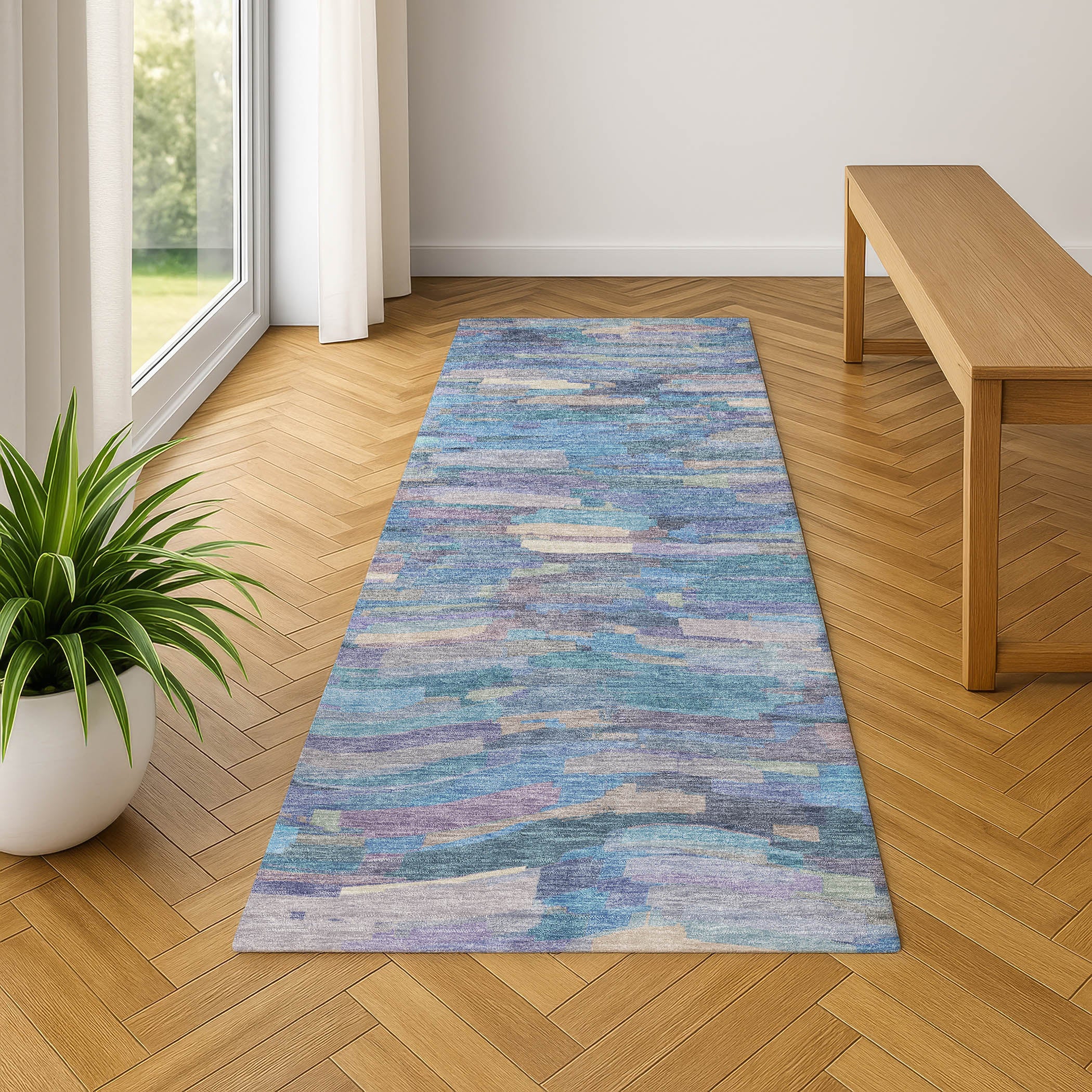 Kyoto Machine Washable Transitional Denim Blue Rug 2'3" x 7'6" #shape_Runner