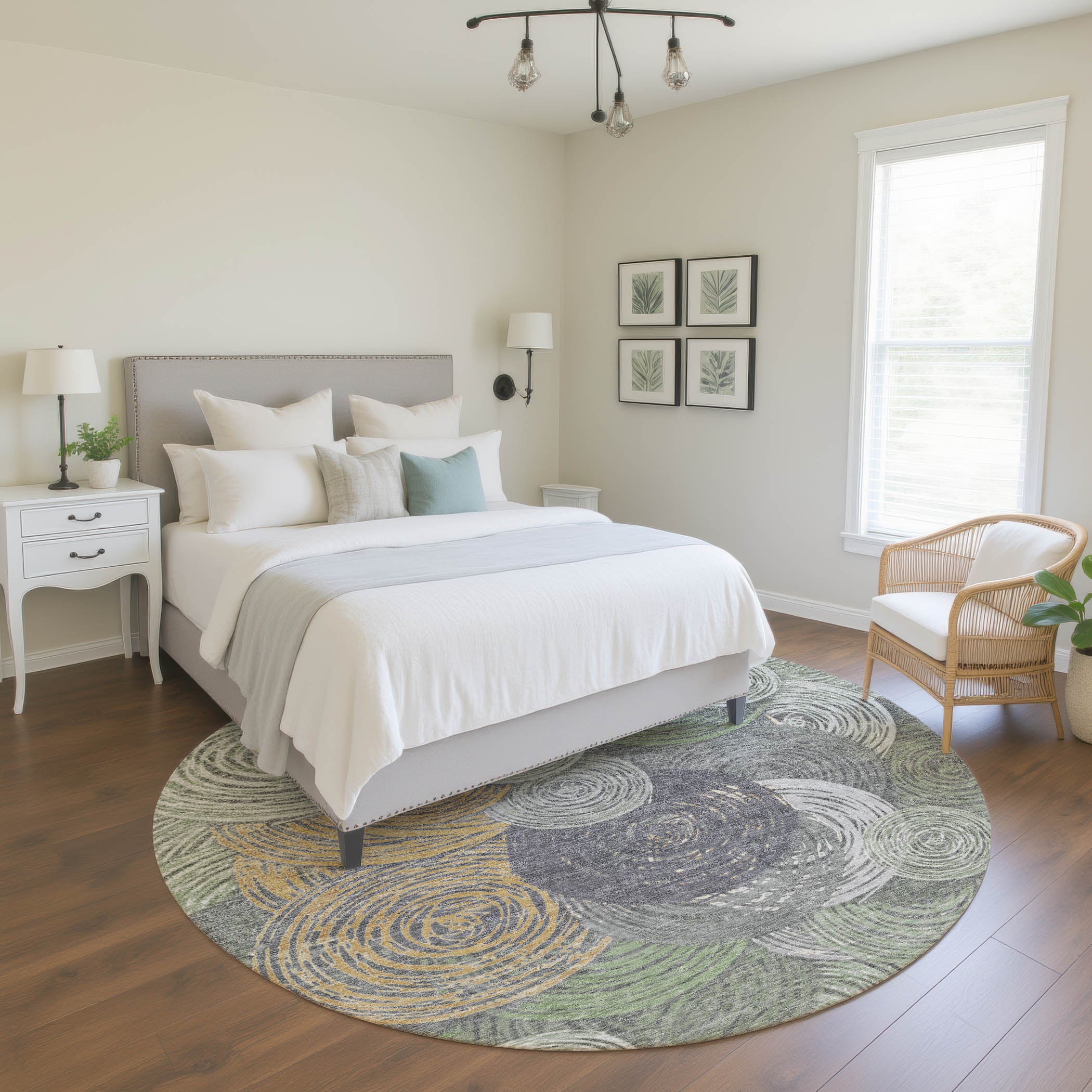 Sarajevo Machine Washable Transitional Green Rug 8' x 8' #shape_Round