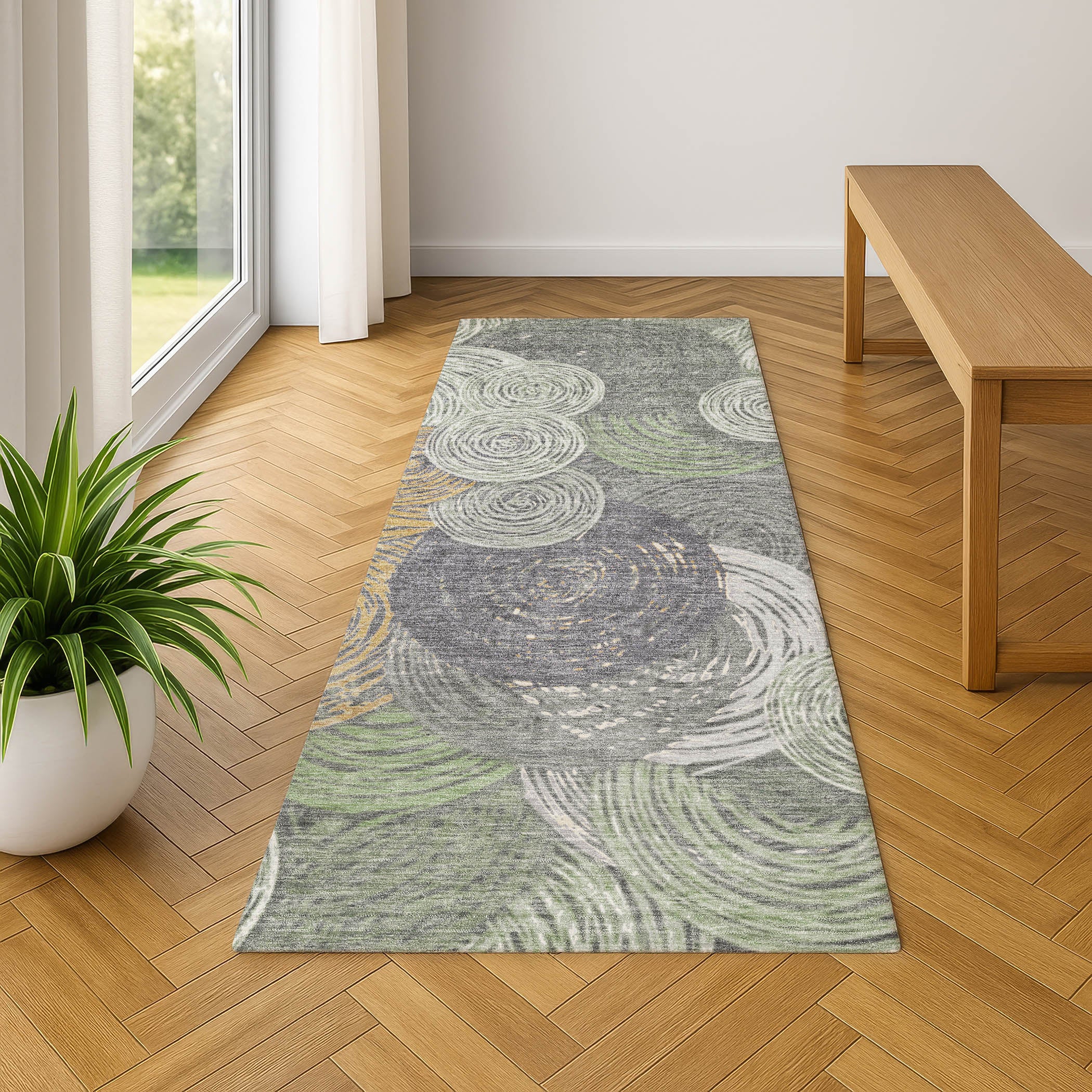 Sarajevo Machine Washable Transitional Green Rug 2'3" x 7'6" #shape_Runner