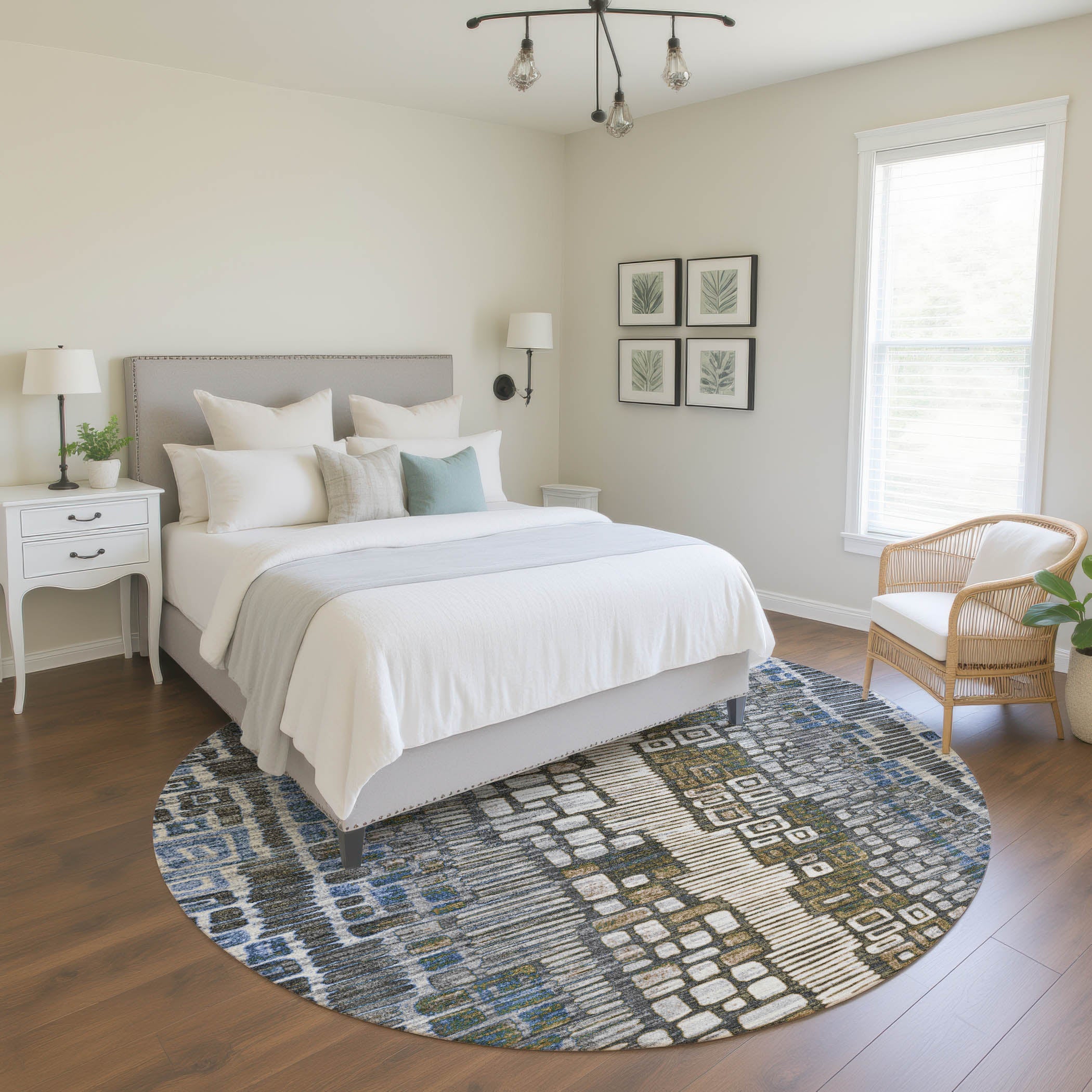 Cartagena Machine Washable Transitional Denim Blue Rug 8' x 8' #shape_Round