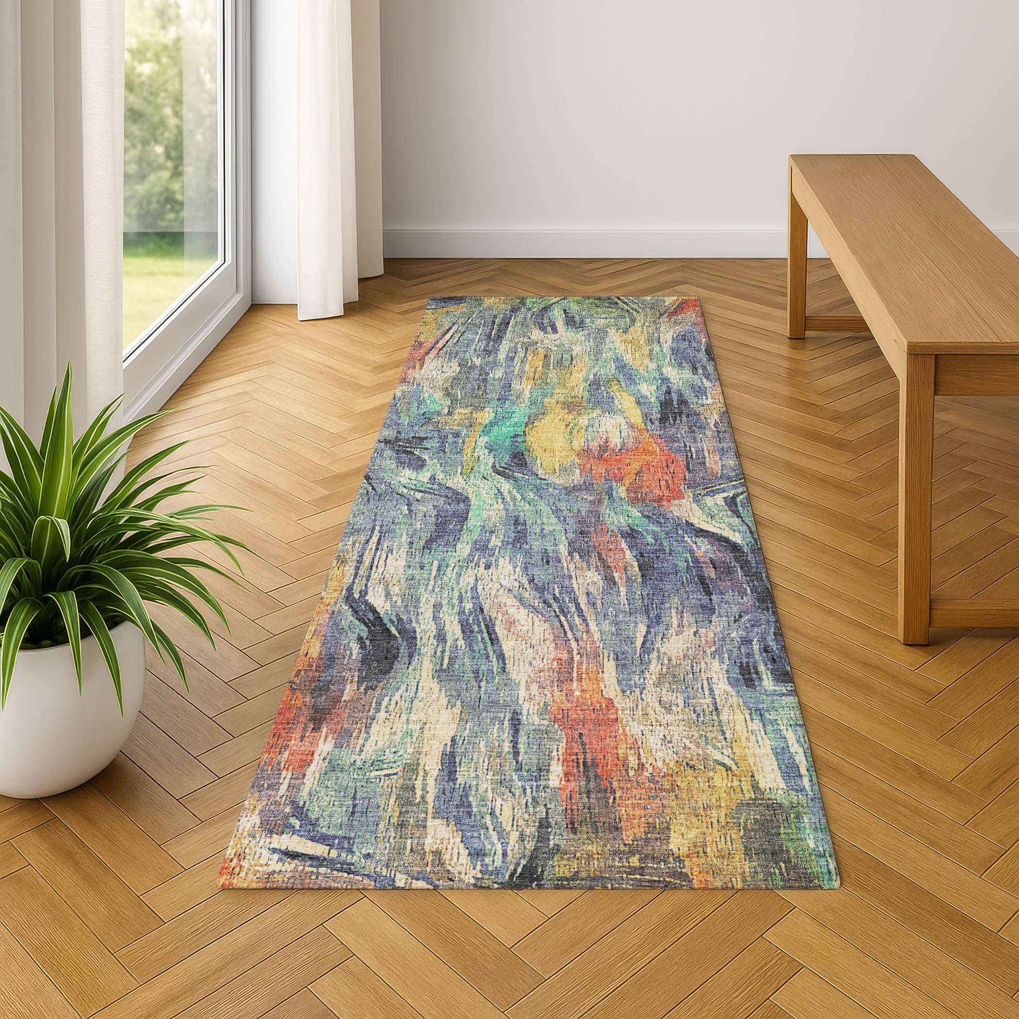 Lisbon Machine Washable Transitional Denim Blue Rug 2'3" x 7'6" #shape_Runner