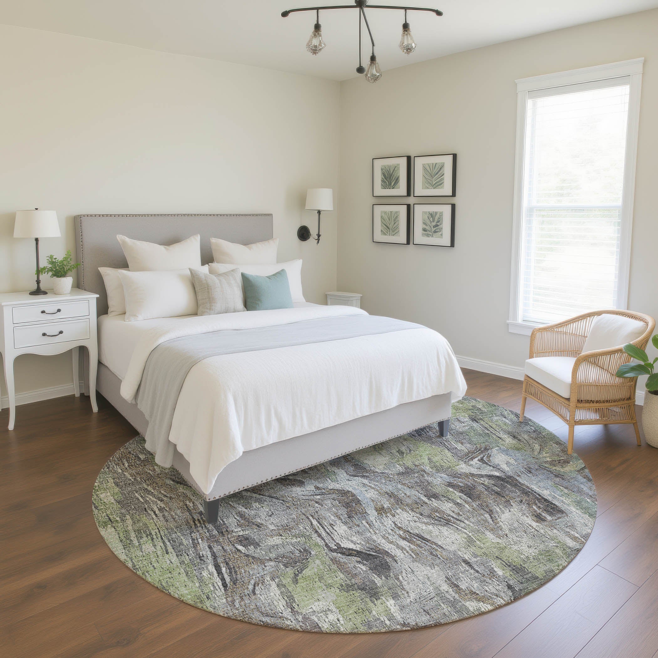 Lisbon Machine Washable Transitional Fern Green Rug 8' x 8' #shape_Round