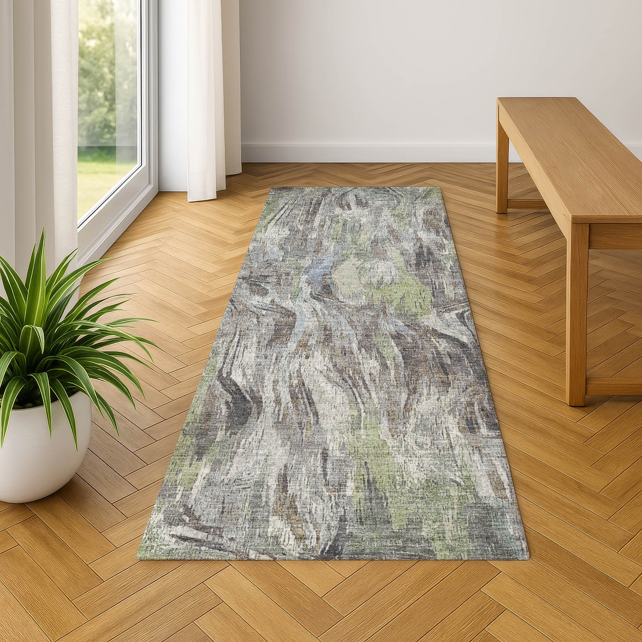 Lisbon Machine Washable Transitional Fern Green Rug 2'3" x 7'6" #shape_Runner