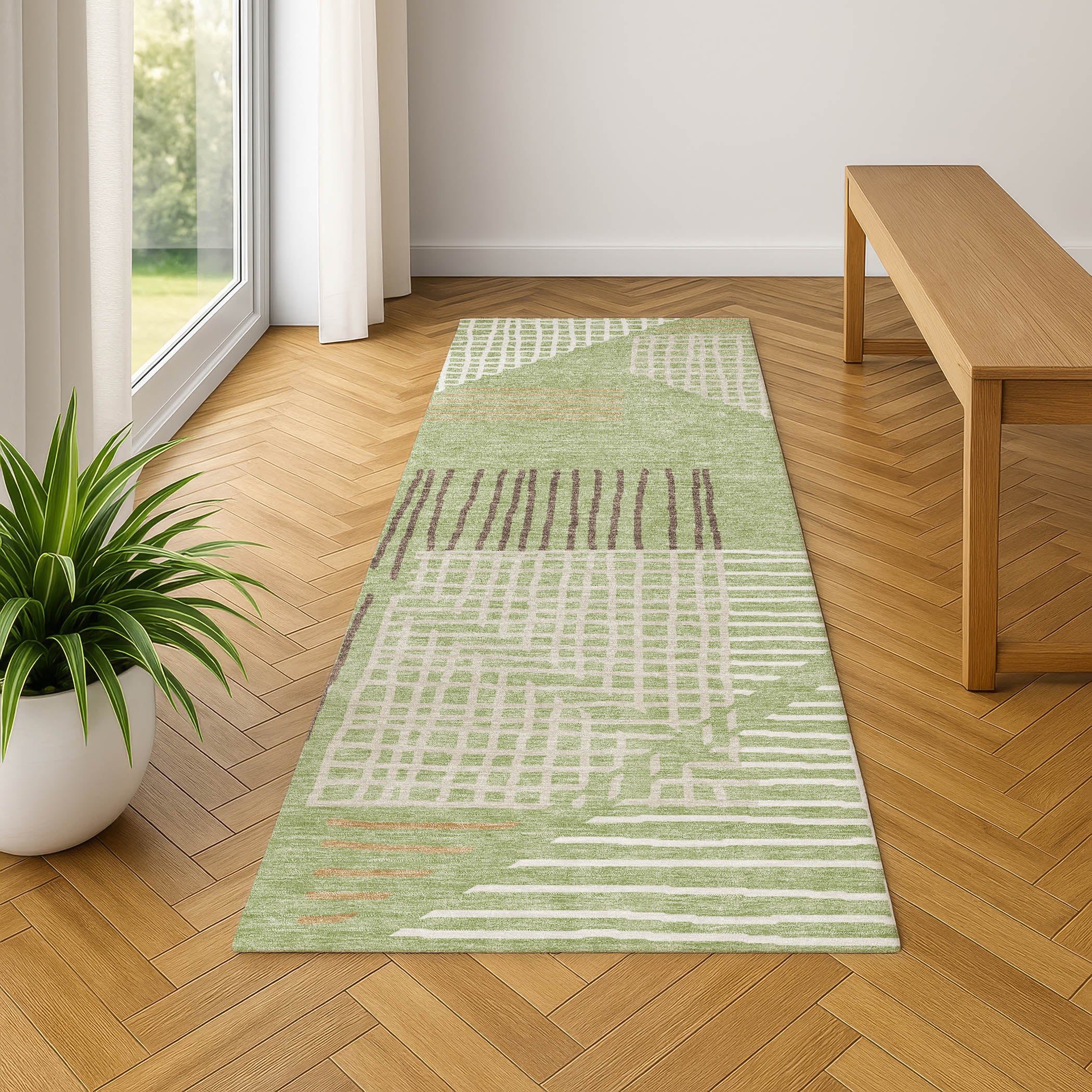 Split Machine Washable Transitional Aloe Green Rug 2'3" x 7'6" #shape_Runner