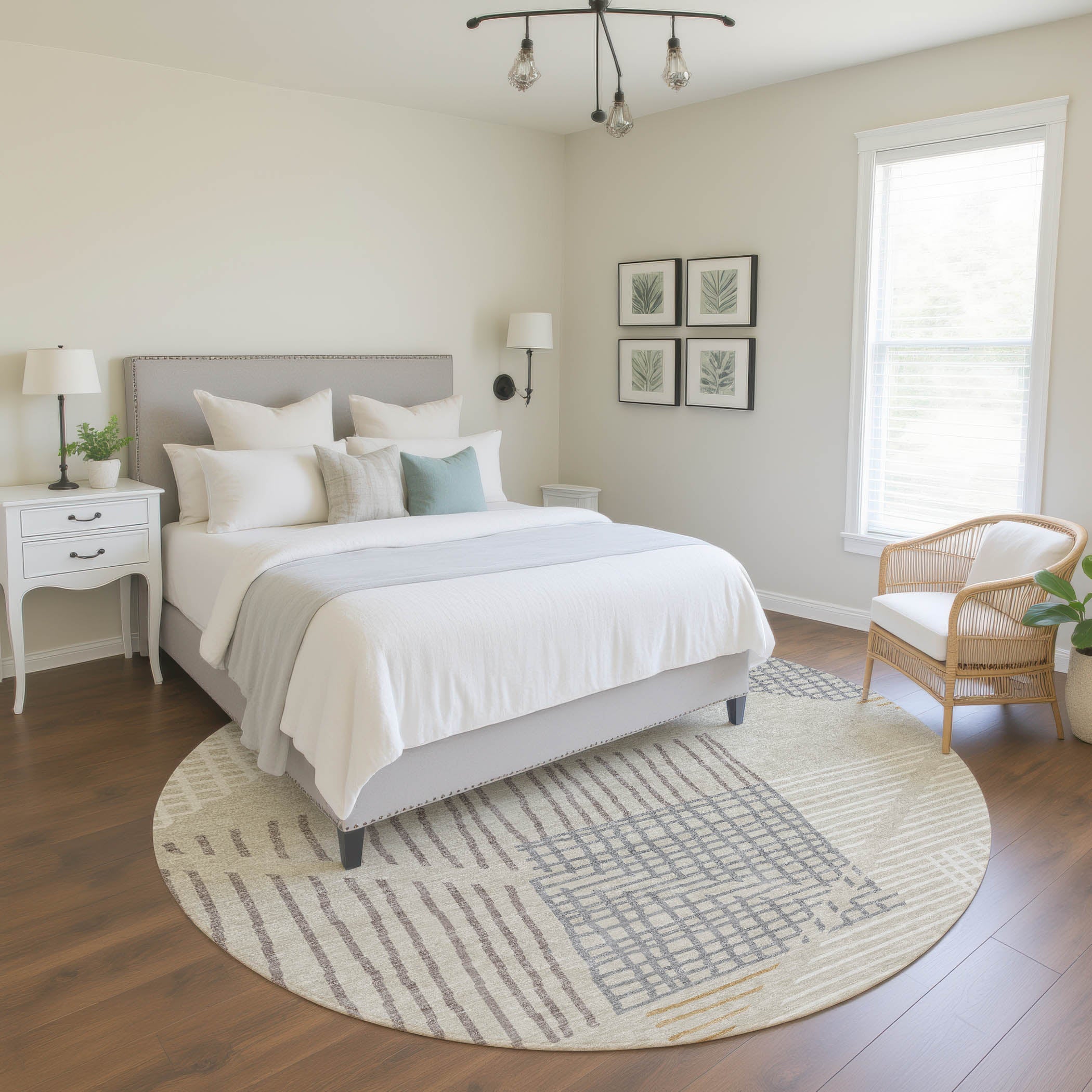 Split Machine Washable Transitional Beige Brown Rug 8' x 8' #shape_Round