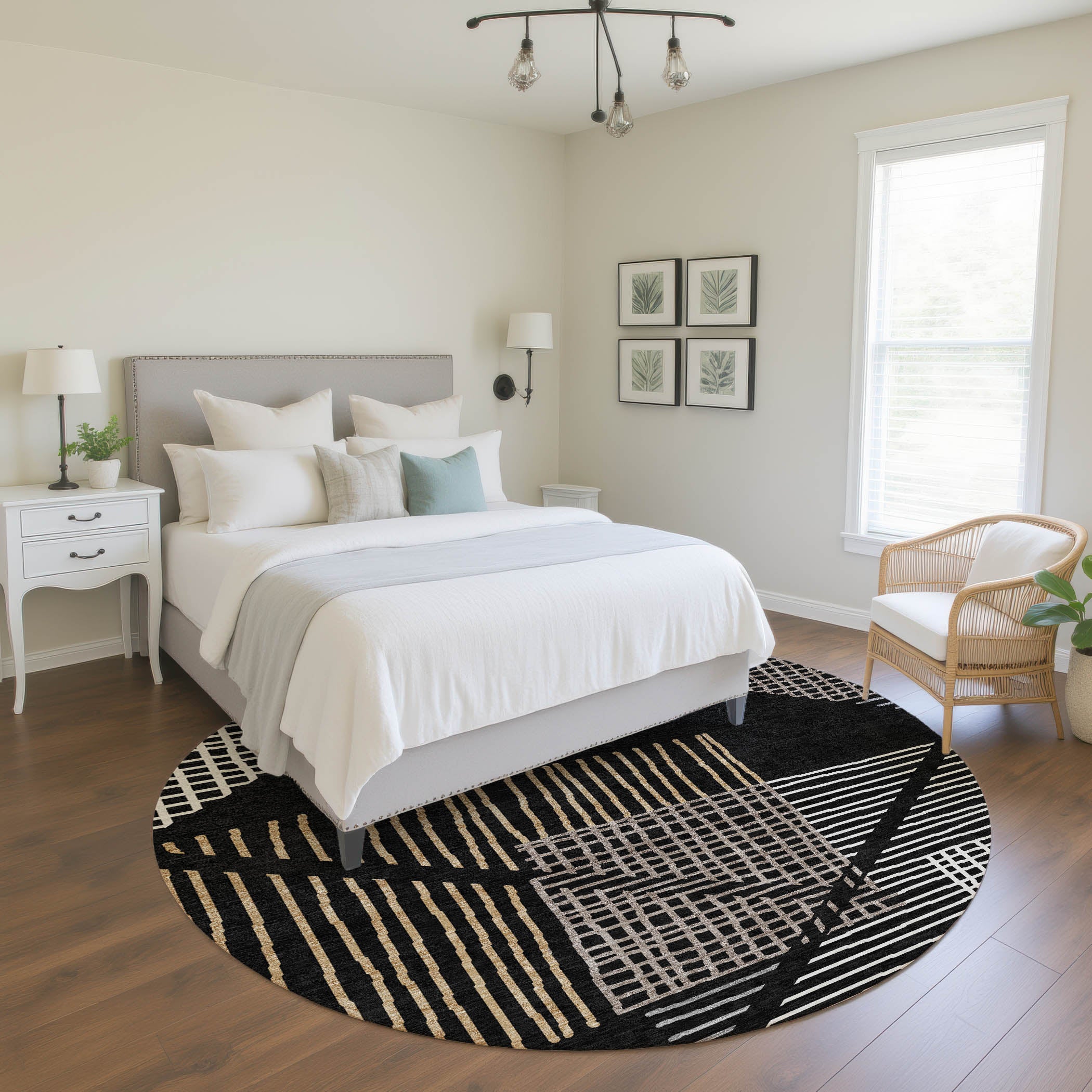 Split Machine Washable Transitional Black Rug 8' x 8' #shape_Round