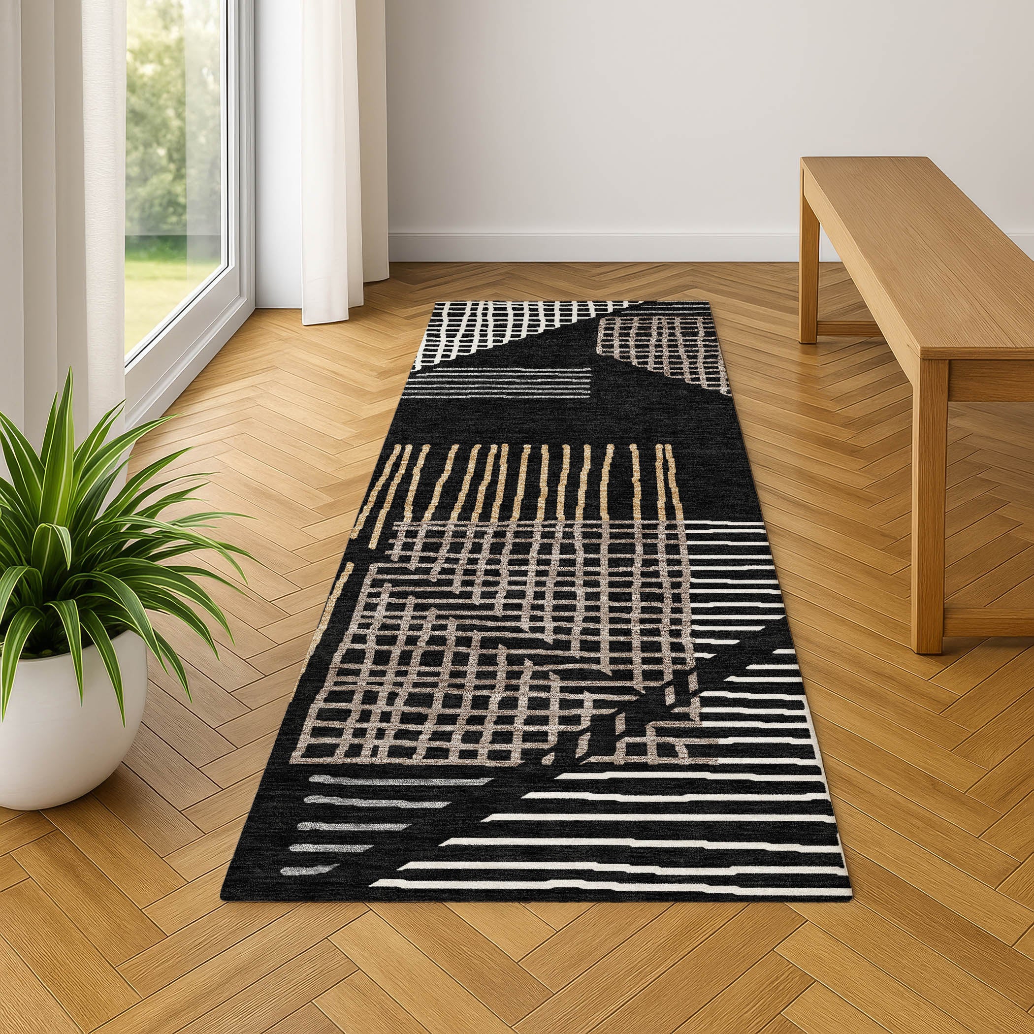 Split Machine Washable Transitional Black Rug 2'3" x 7'6" #shape_Runner