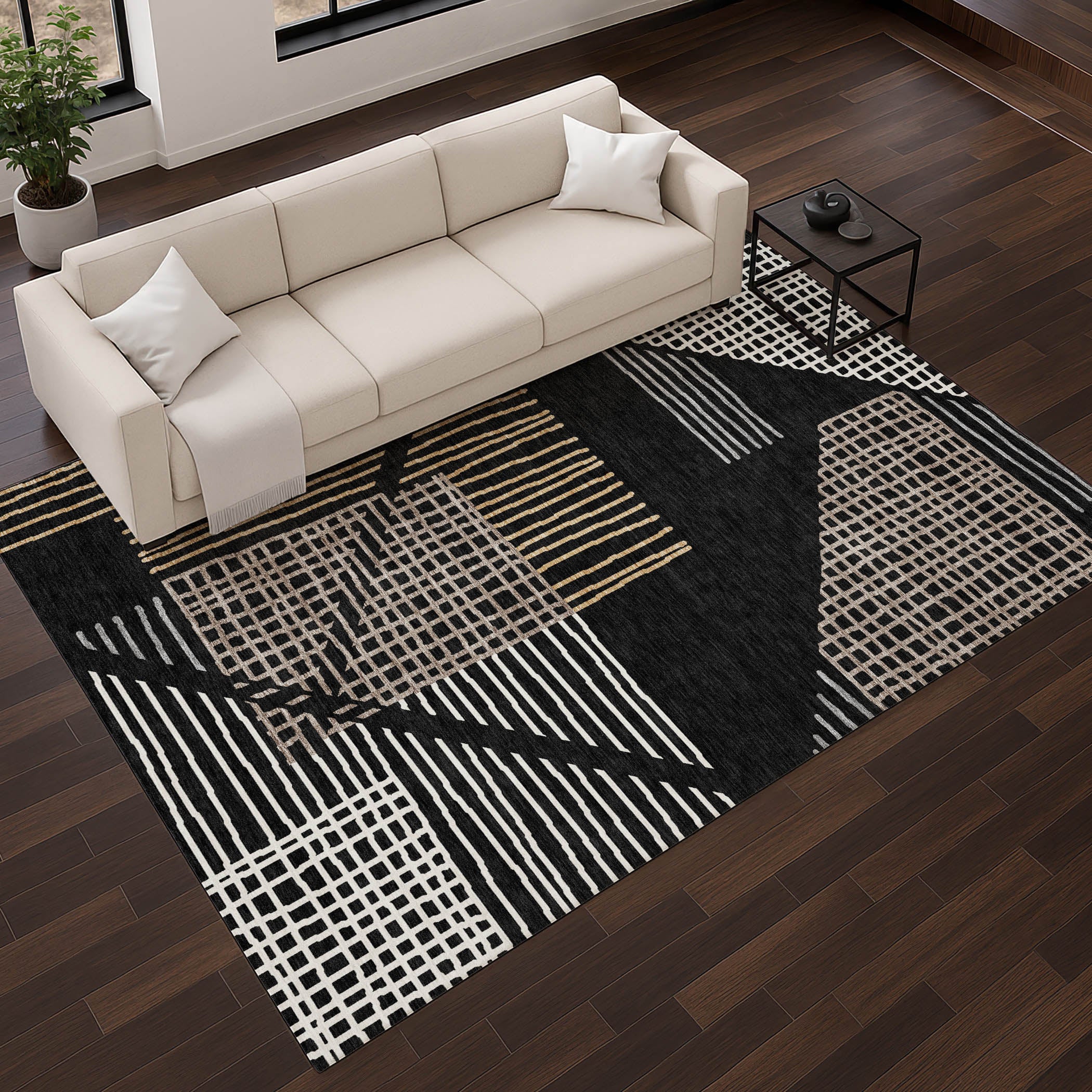 Split Machine Washable Transitional Black Rug 2'6" x 3'10" #shape_Rectangle