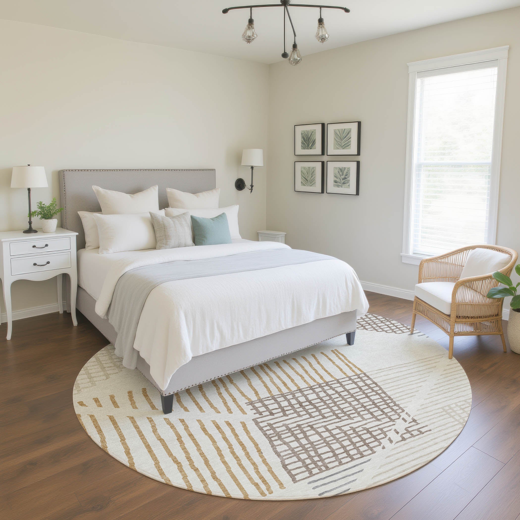 Split Machine Washable Transitional Ivory Rug 8' x 8' #shape_Round