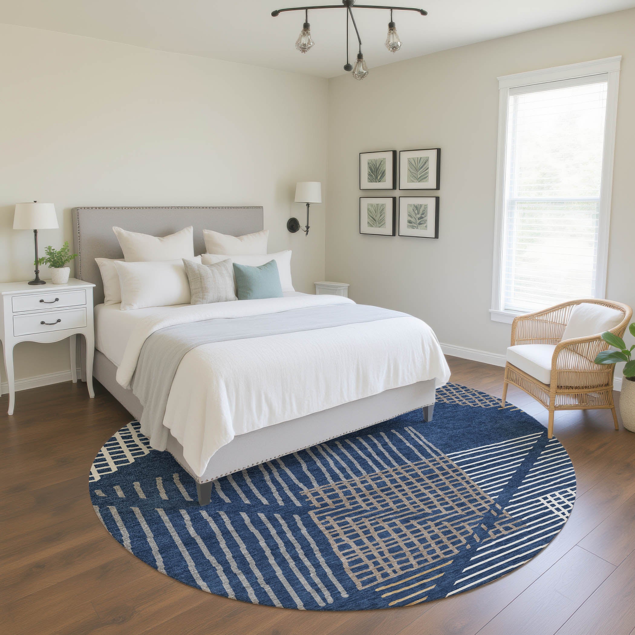 Split Machine Washable Transitional Navy Blue Rug 8' x 8' #shape_Round